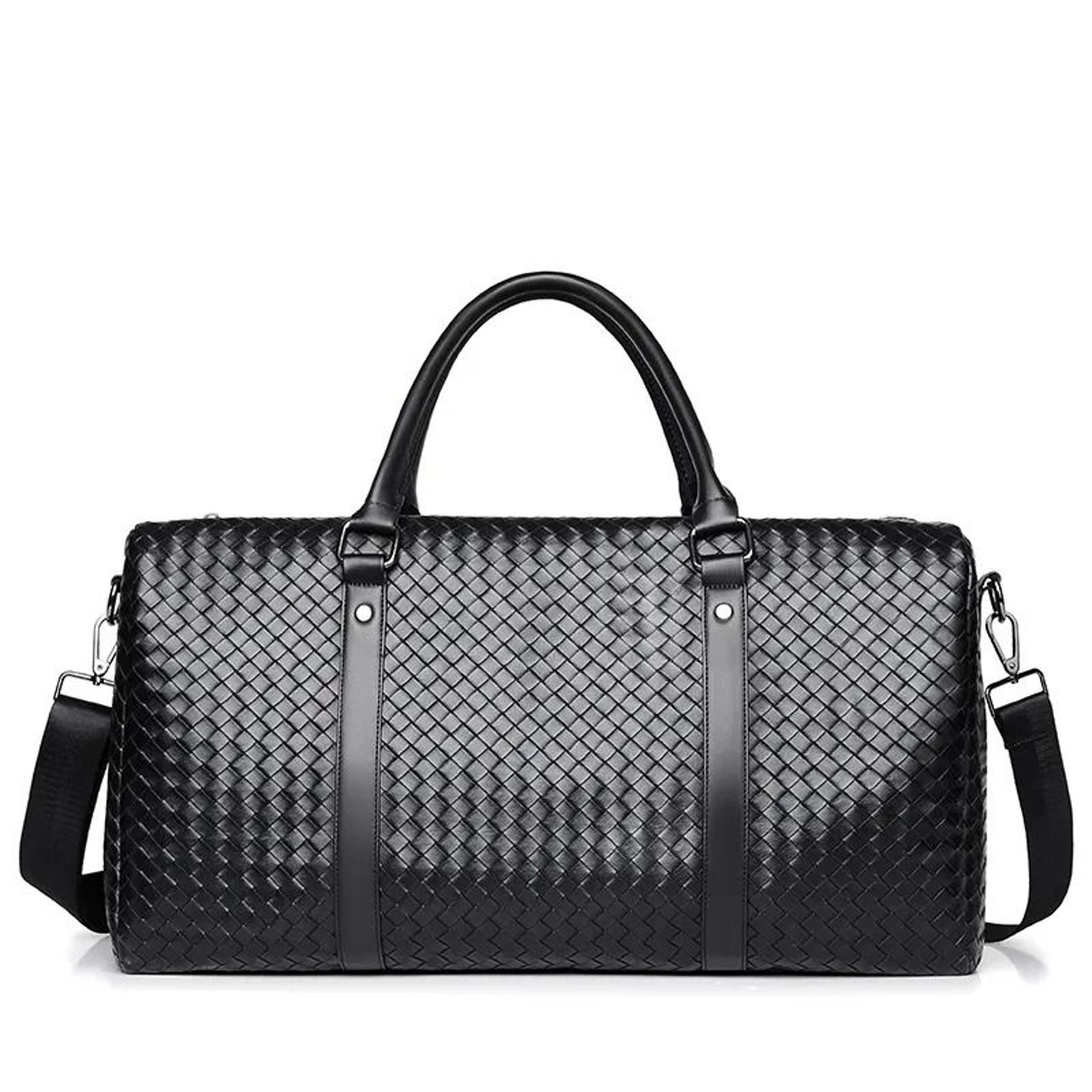 plaid woven weekender duffel bag with adjustable shoulder strap