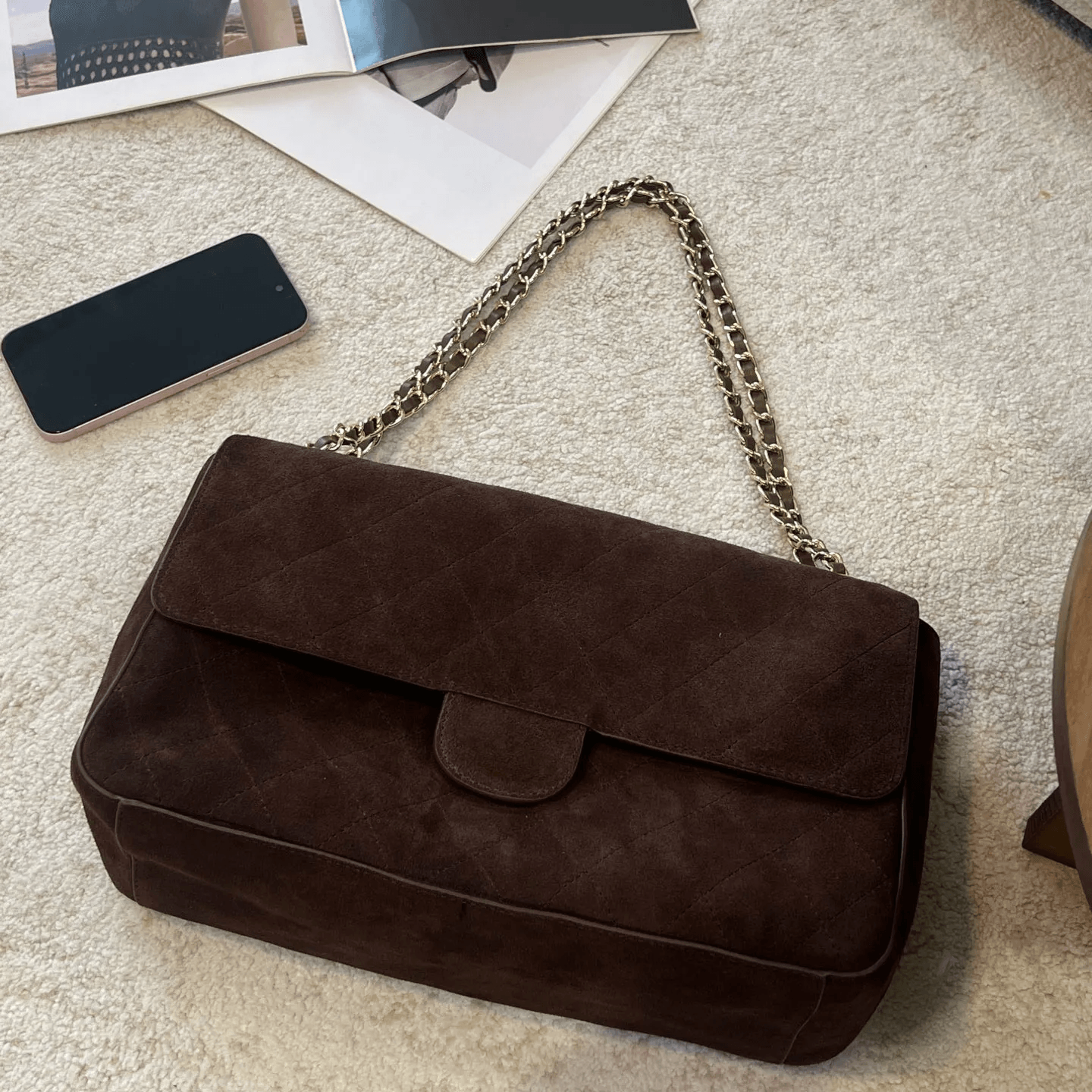 vintage suede quilted flap shoulder crossbody bag with chain detail