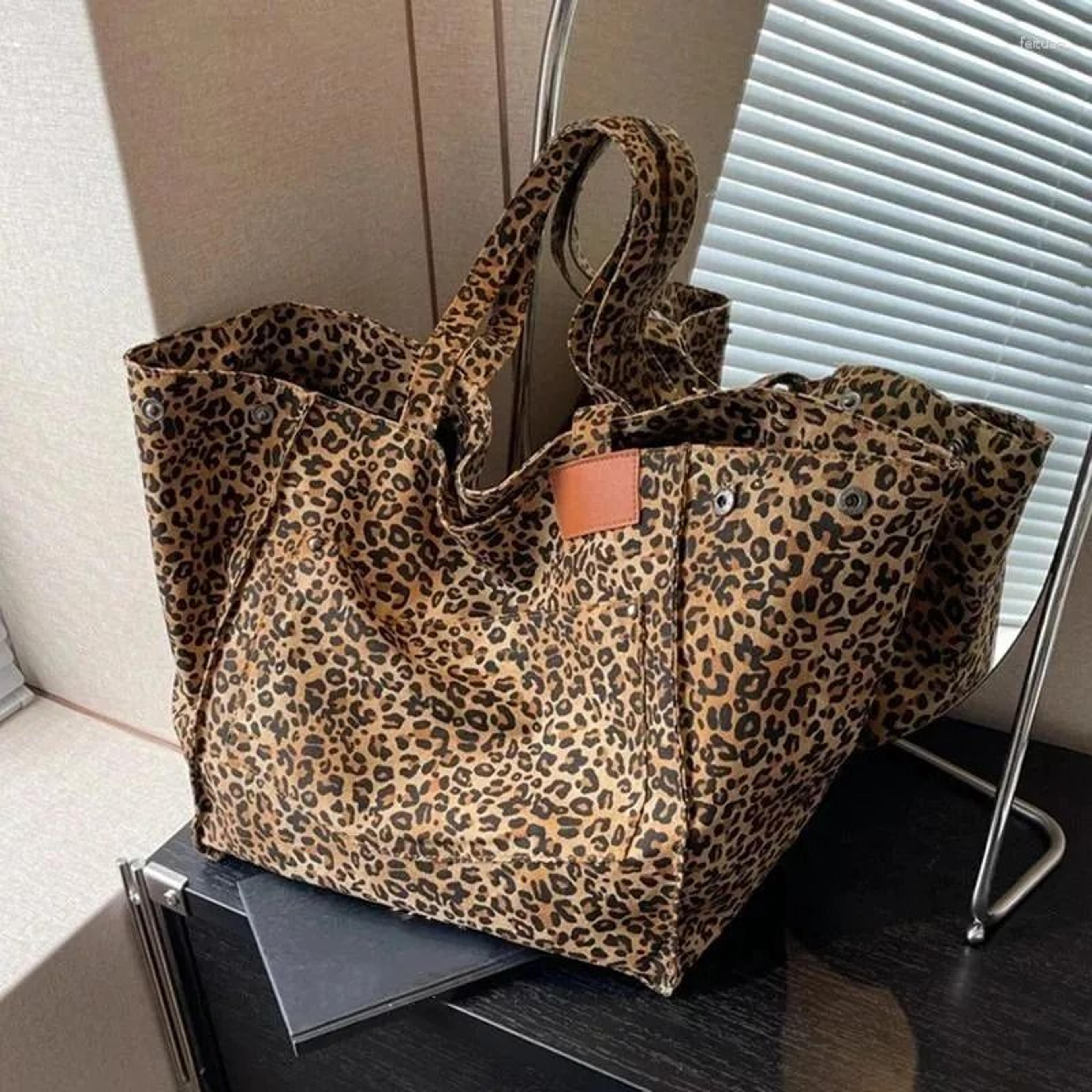 oversized leopard print canvas tote bag with deformable large capacity design