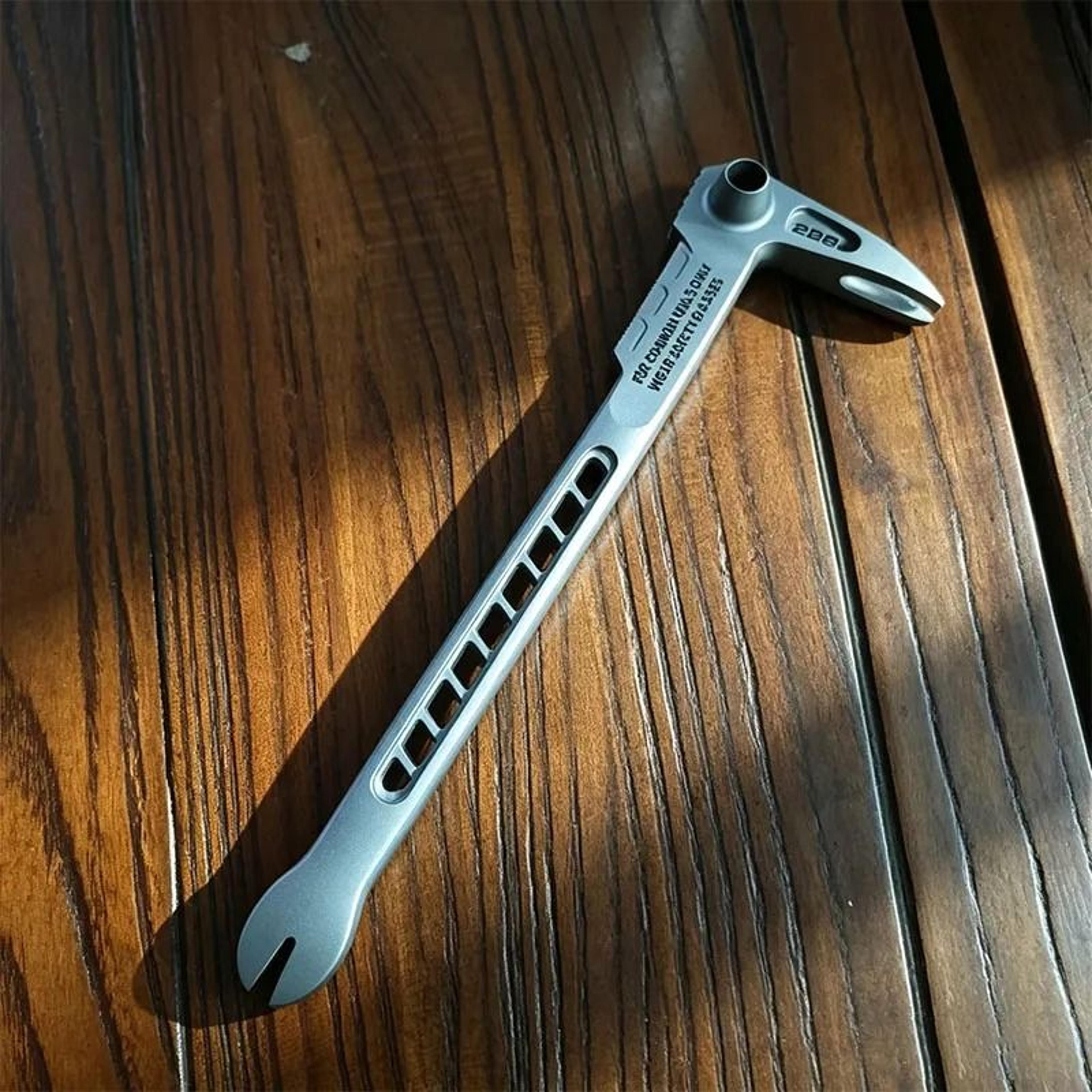 lightweight aluminum pry bar with nail puller and wrench end