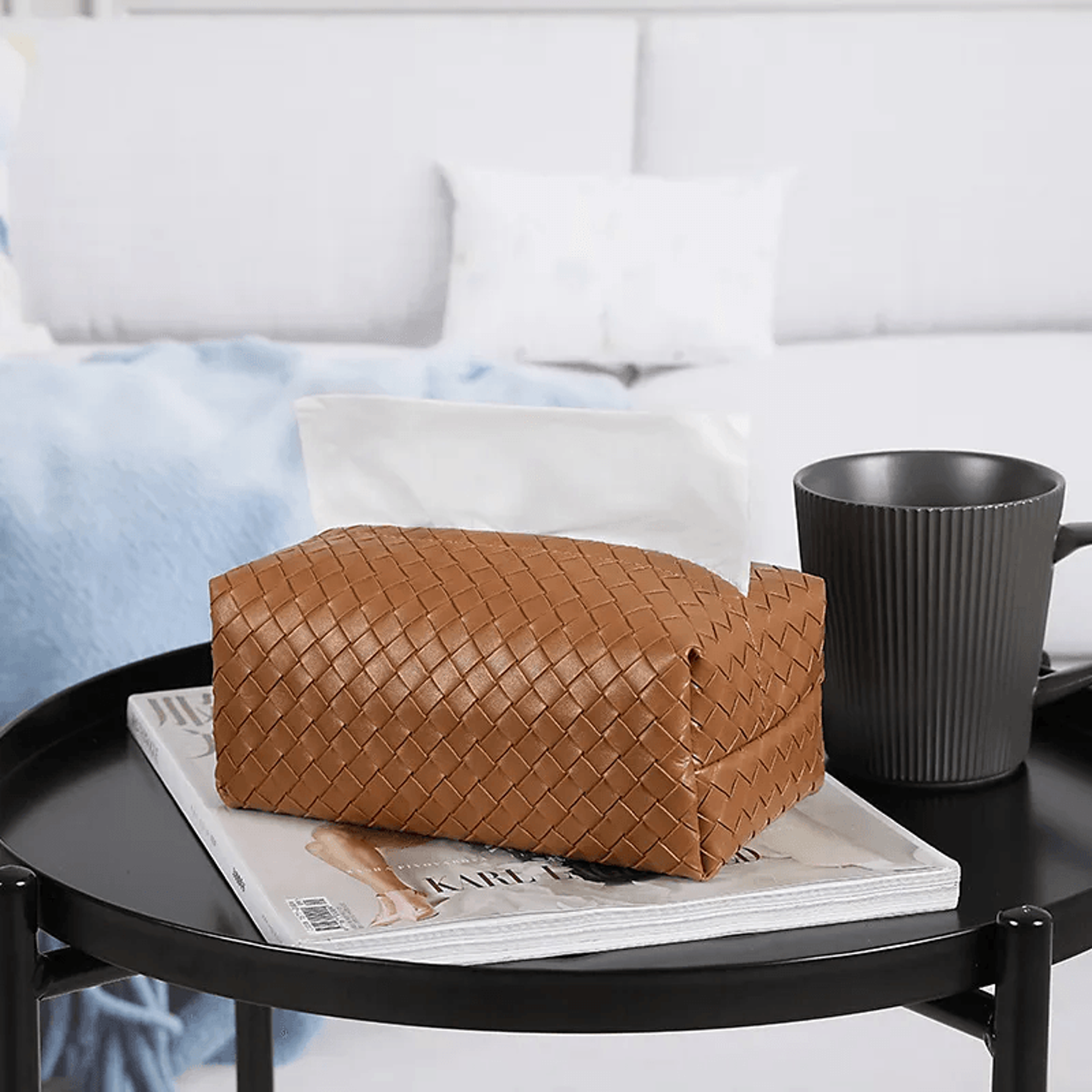 leather tissue box holder with storage drawer for car and home