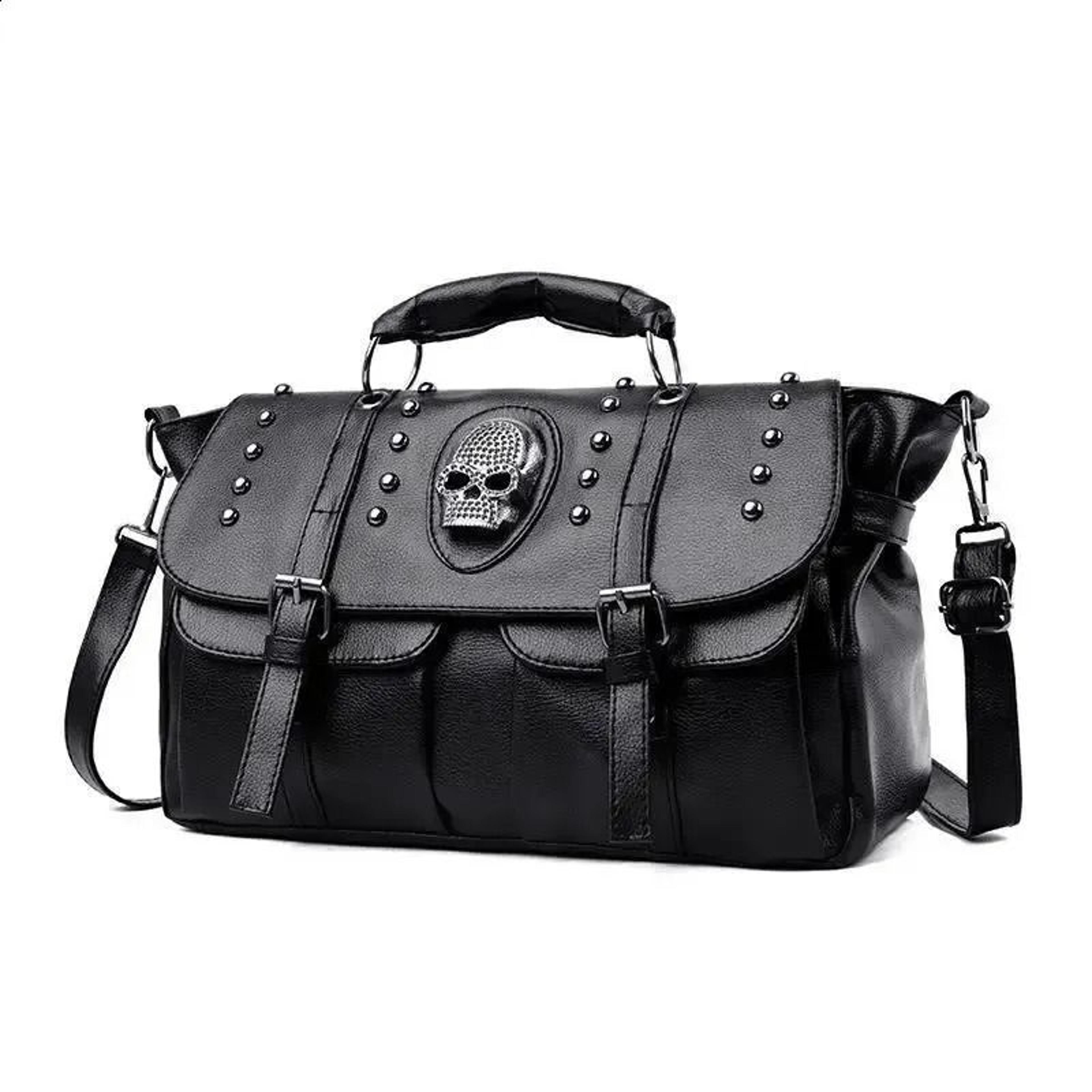 goth crossbody bag with skull detail and vintage rivets