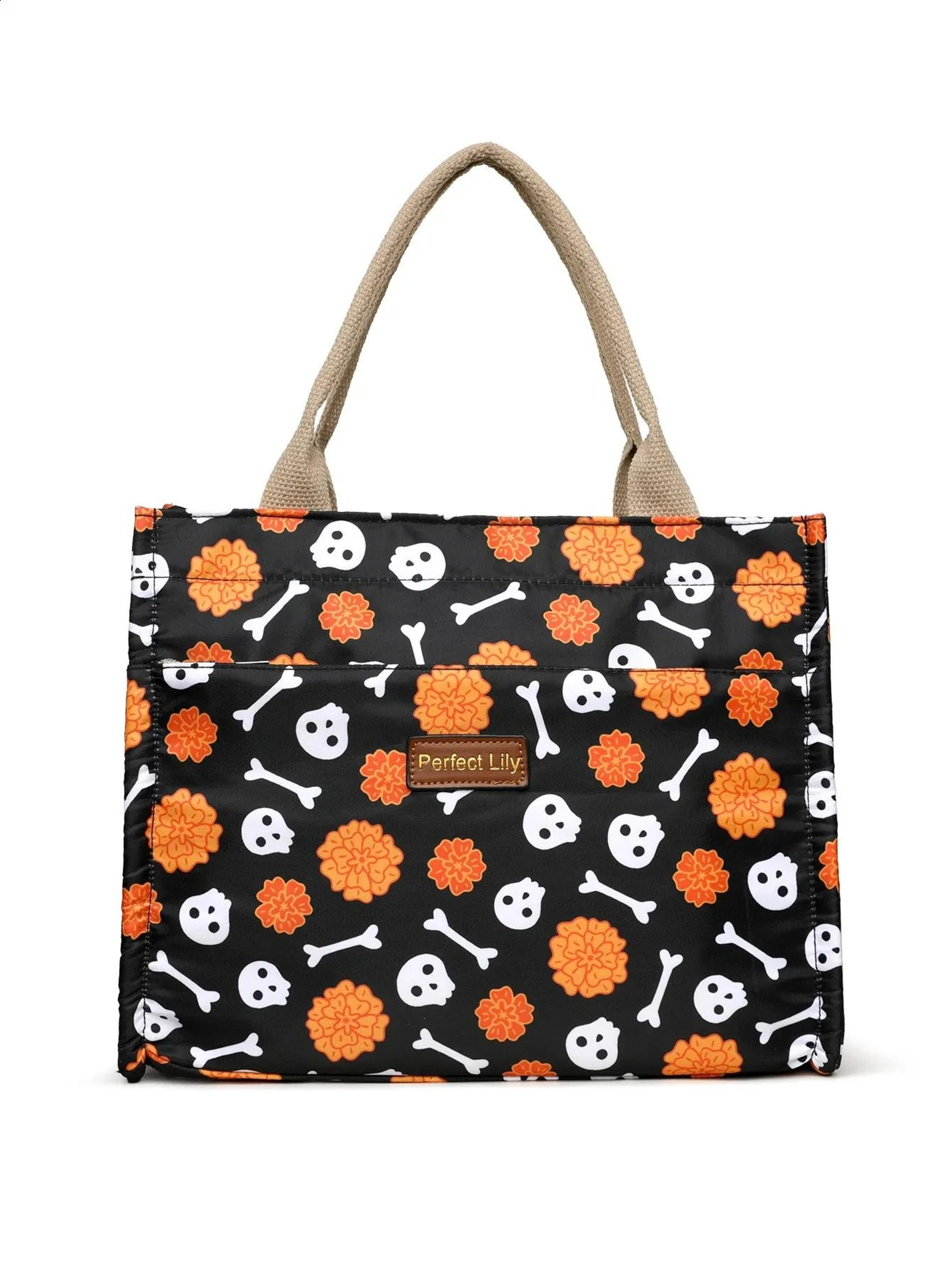 halloween skull print tote bag for women lightweight eco-friendly travel shopping bag