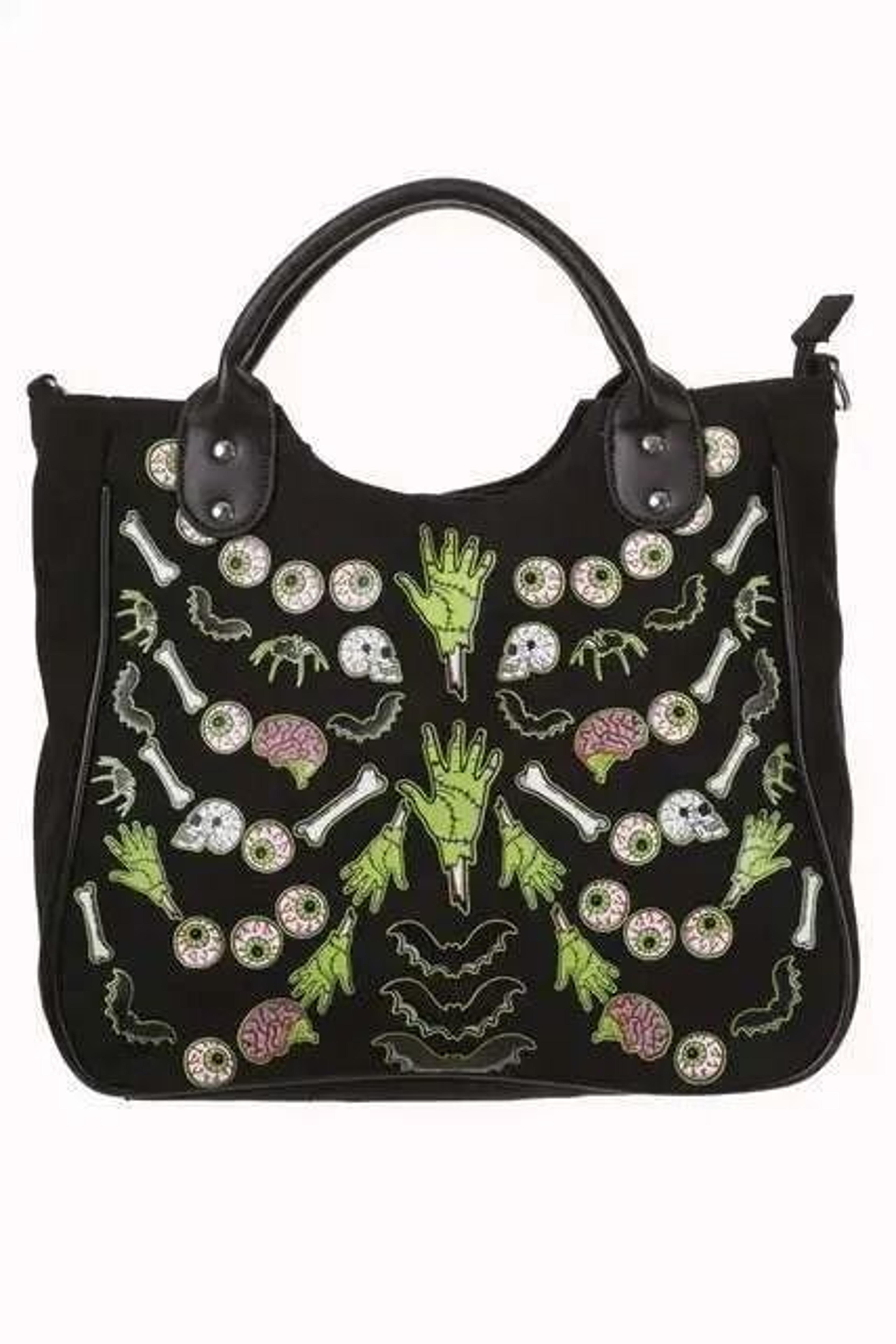 shoulder bag with skeleton skull and bat design