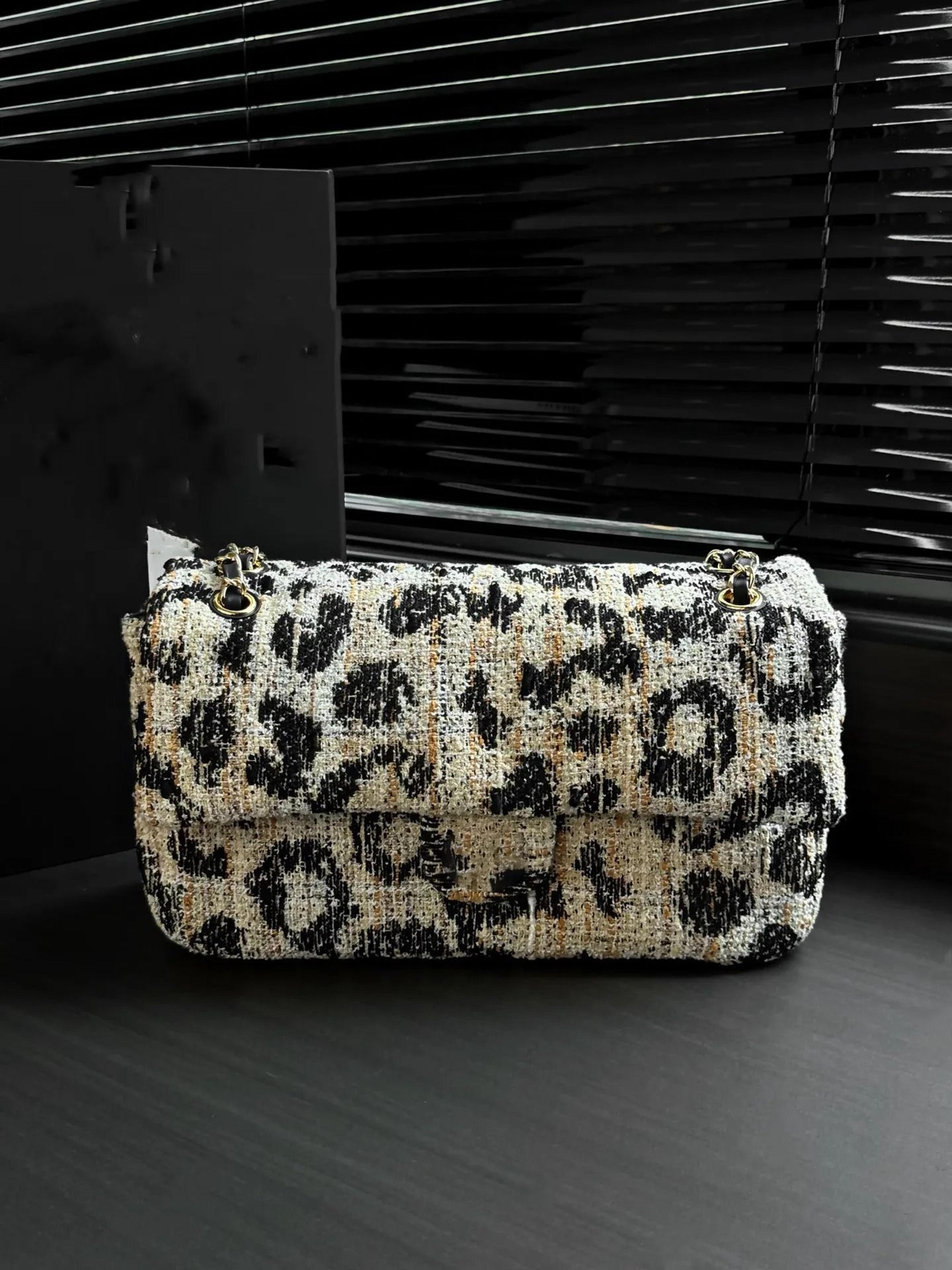 tweed leopard print bag with gold black and cream texture