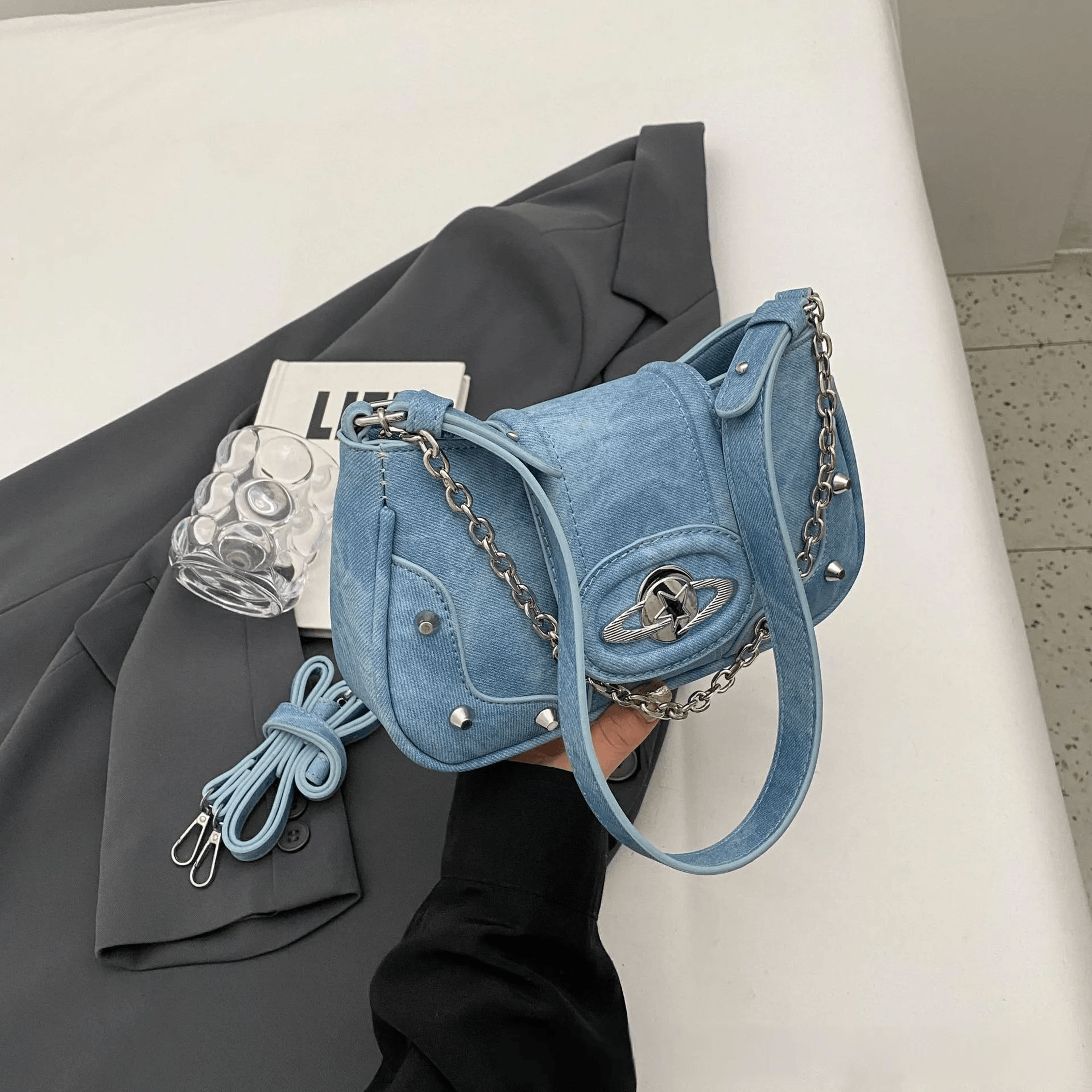 vintage denim square bag convertible crossbody purse with chain strap