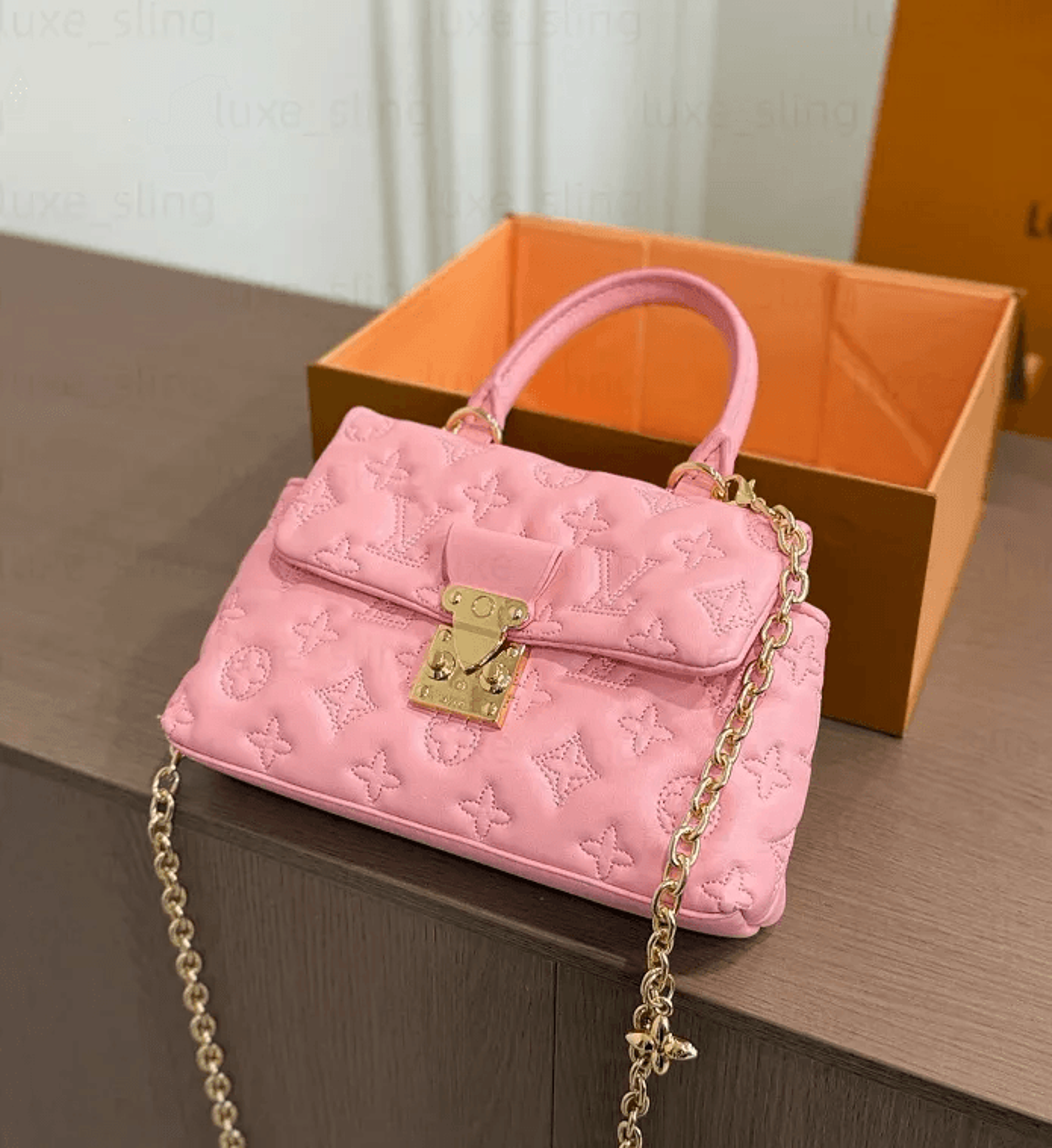 nano monogram crossbody bag with chain strap and s-lock
