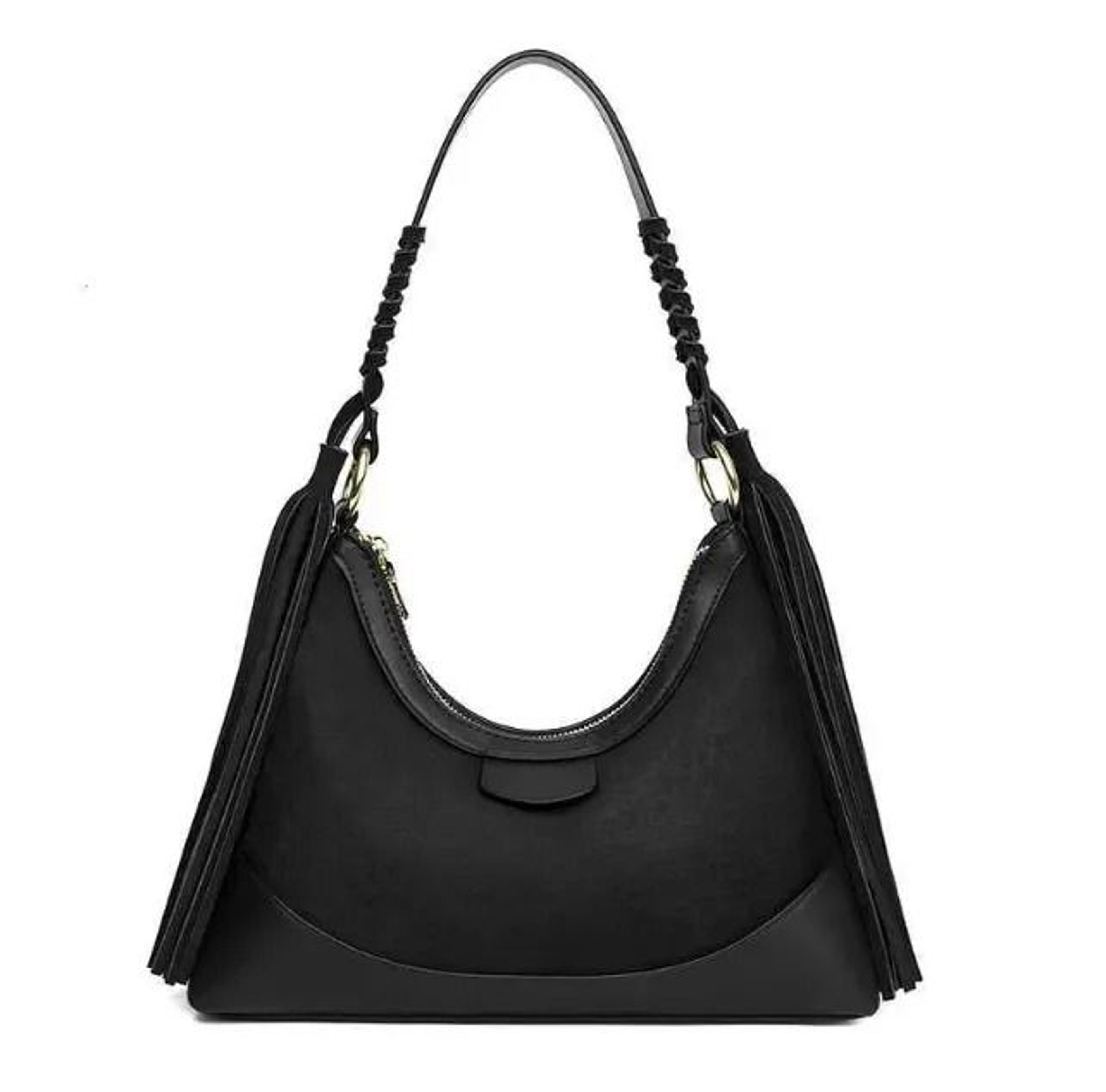 glossy pu shoulder bag with tassel and zipper closure