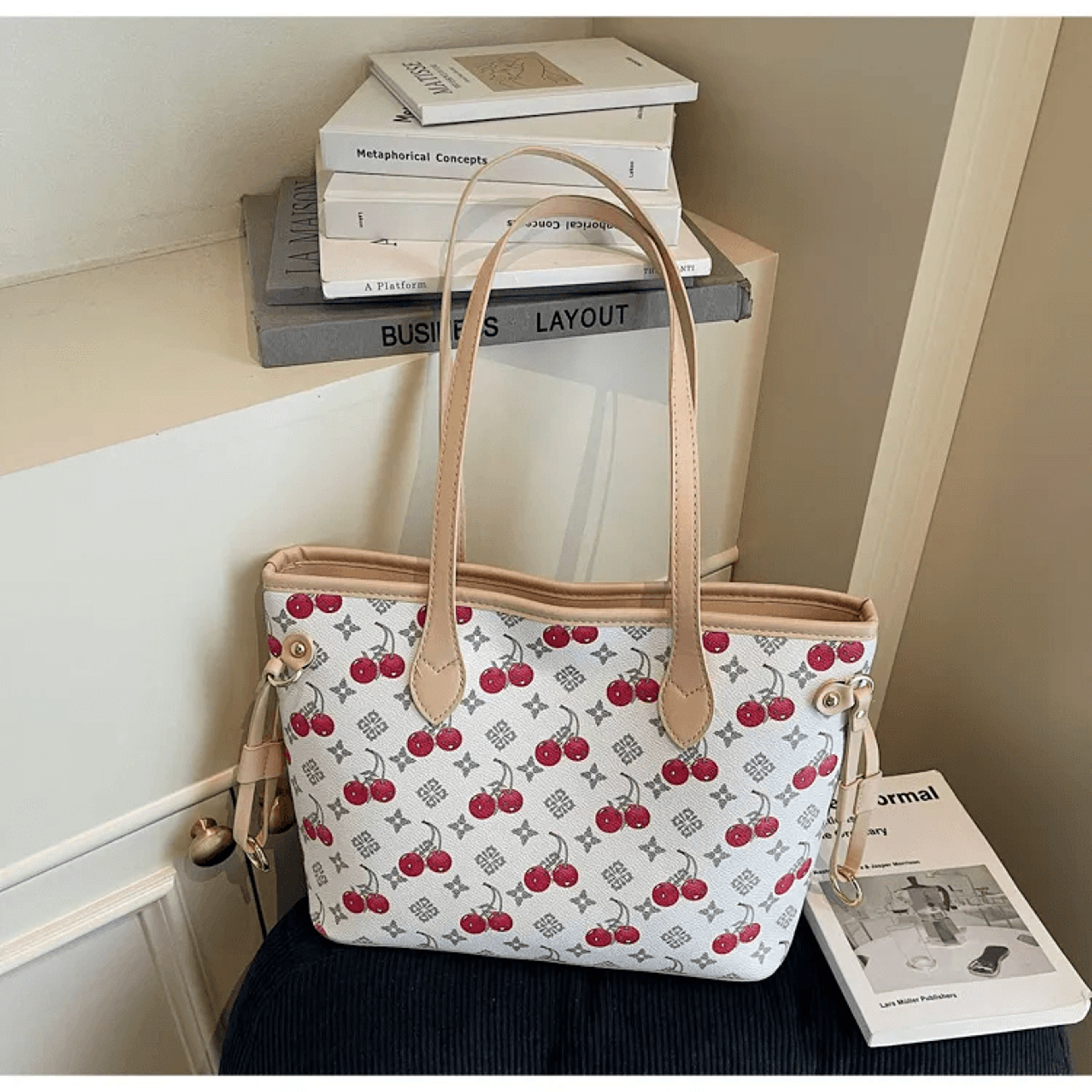 cherry print tote bag with large capacity and shoulder carry handles