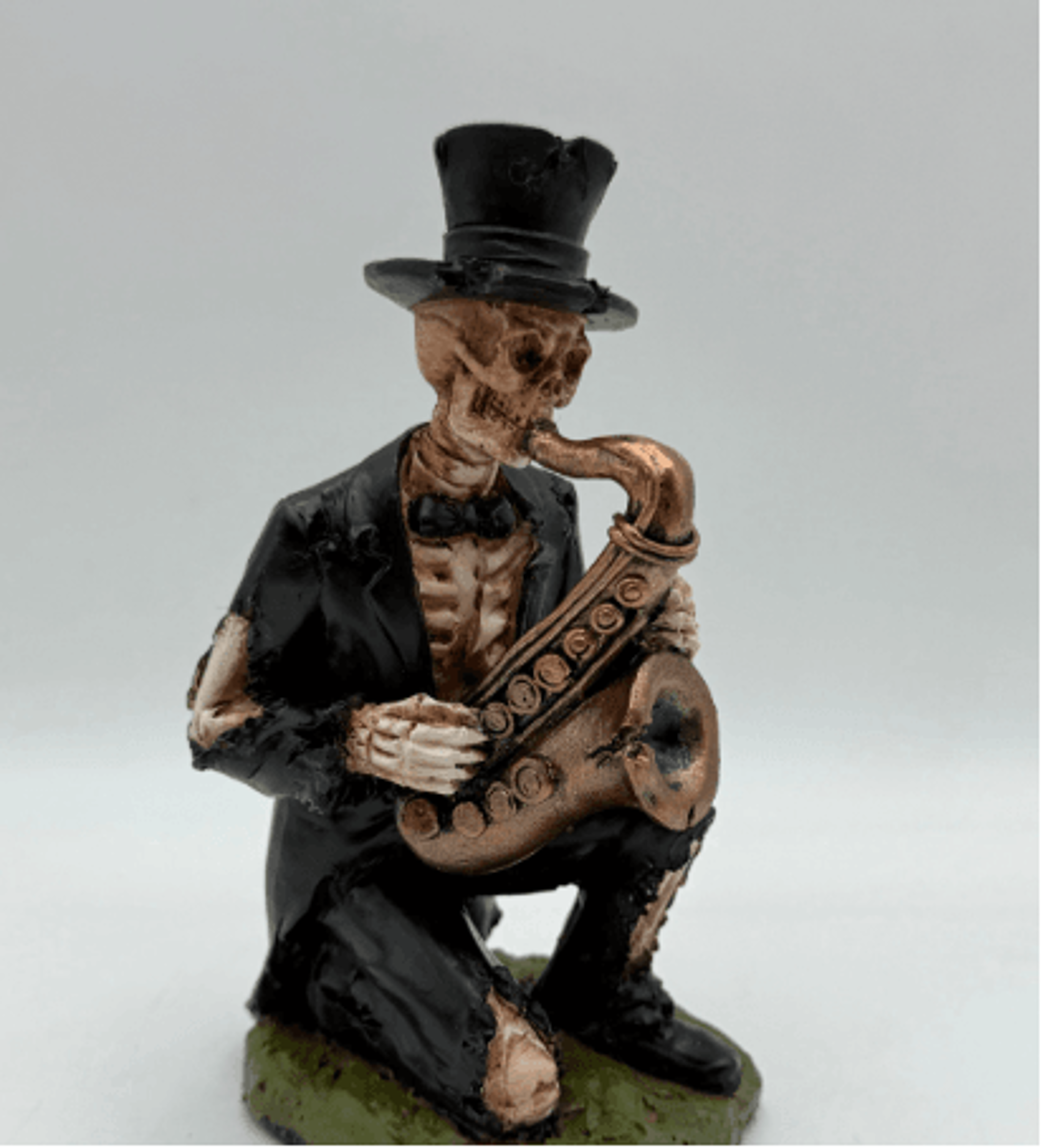 skeleton saxophonist figurine with top hat gothic halloween decor