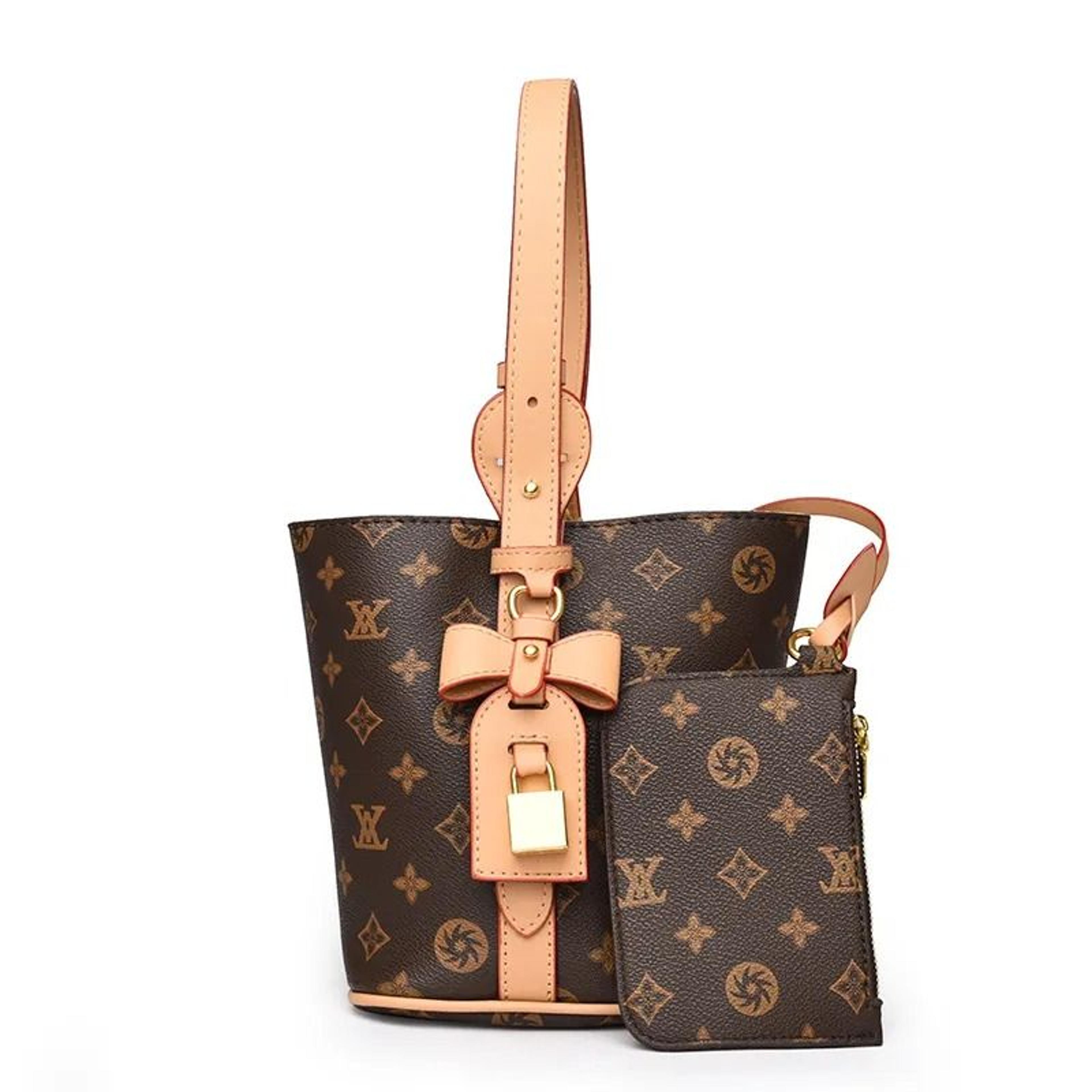 printed bucket bag for women with bow tie accent and crossbody shoulder carry