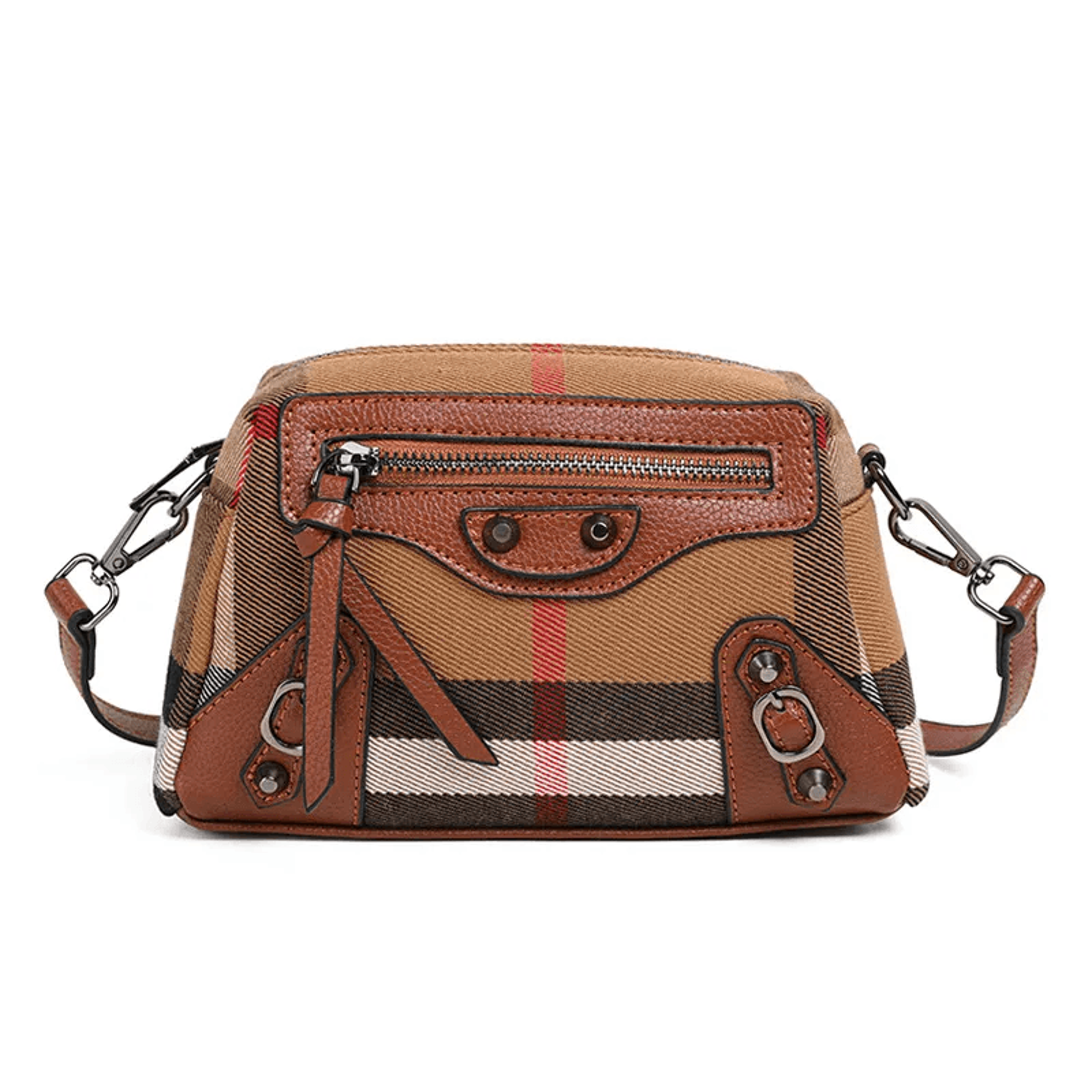 plaid camera crossbody bag with adjustable strap and smiley rivet