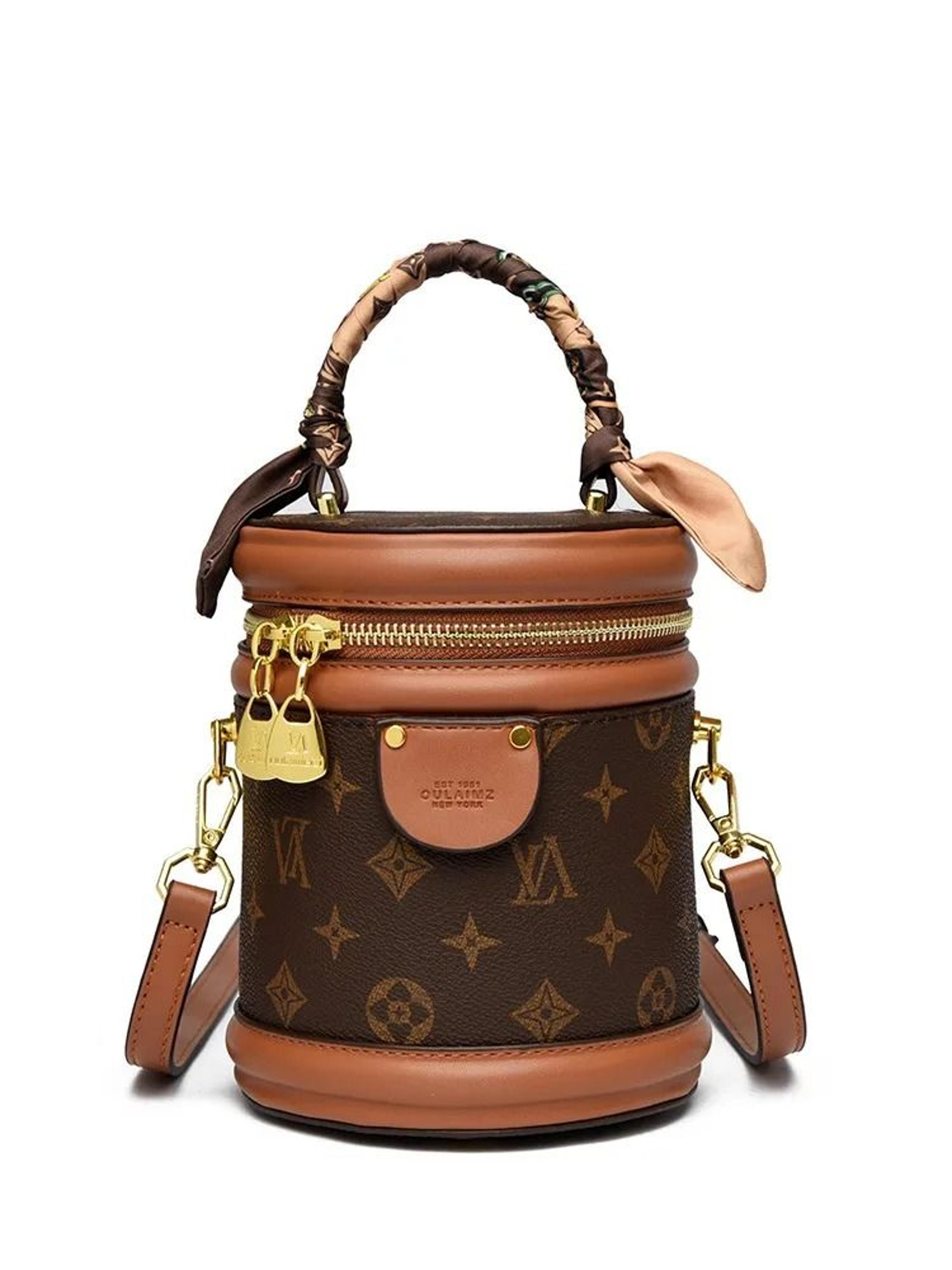 retro bucket crossbody bag for women in brown and yellow