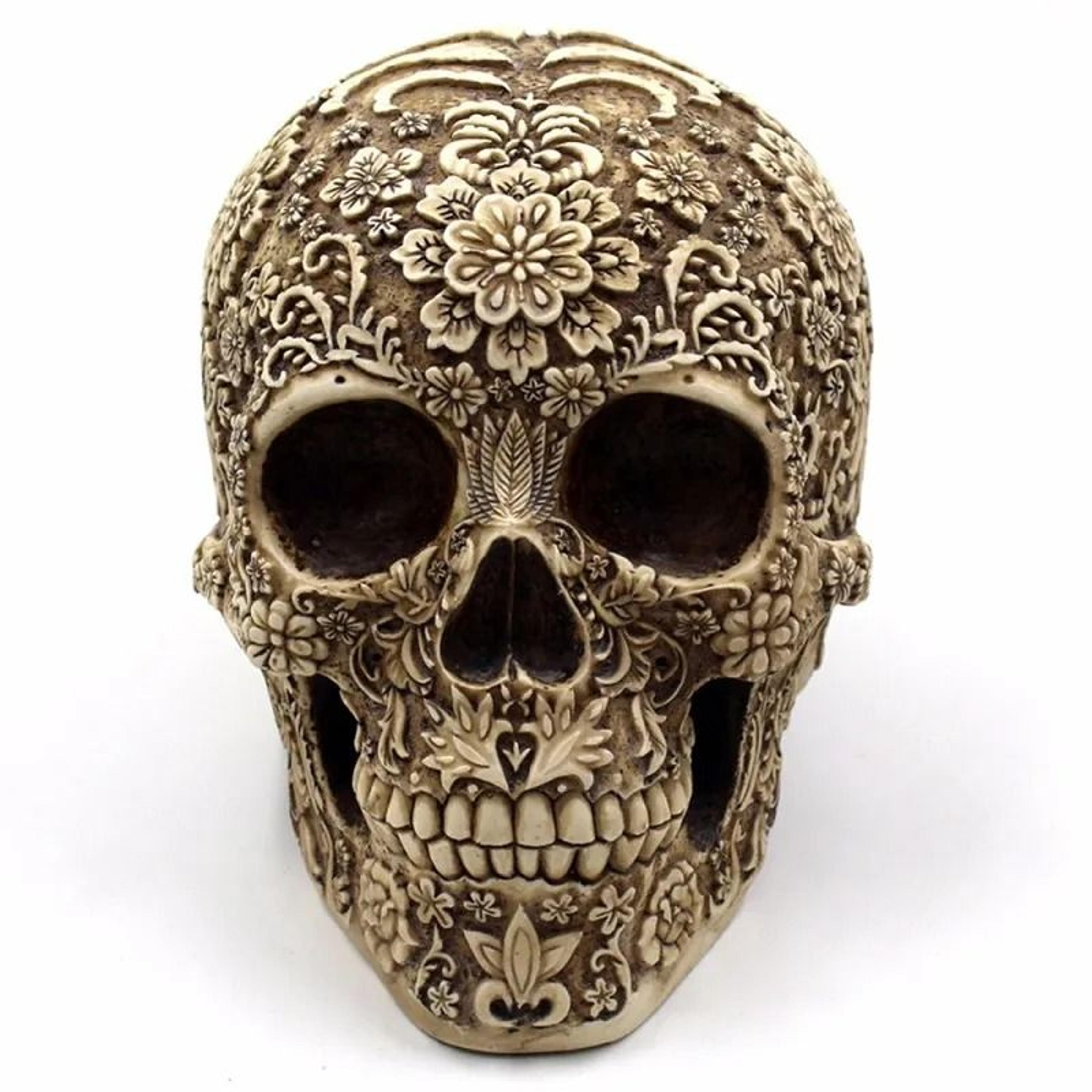 decorative resin skull and skeleton figurine with floral accents for halloween