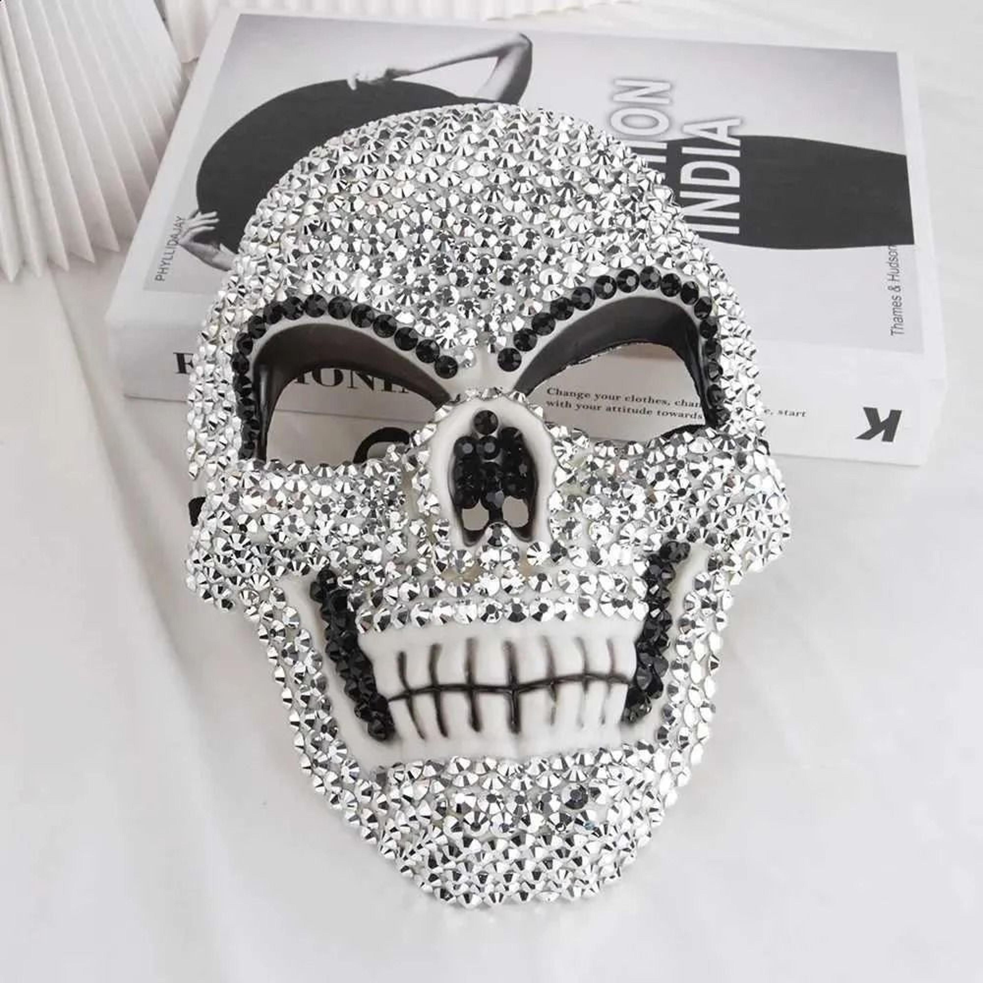 rhinestone skull full face mask with shiny skeleton design for halloween cosplay
