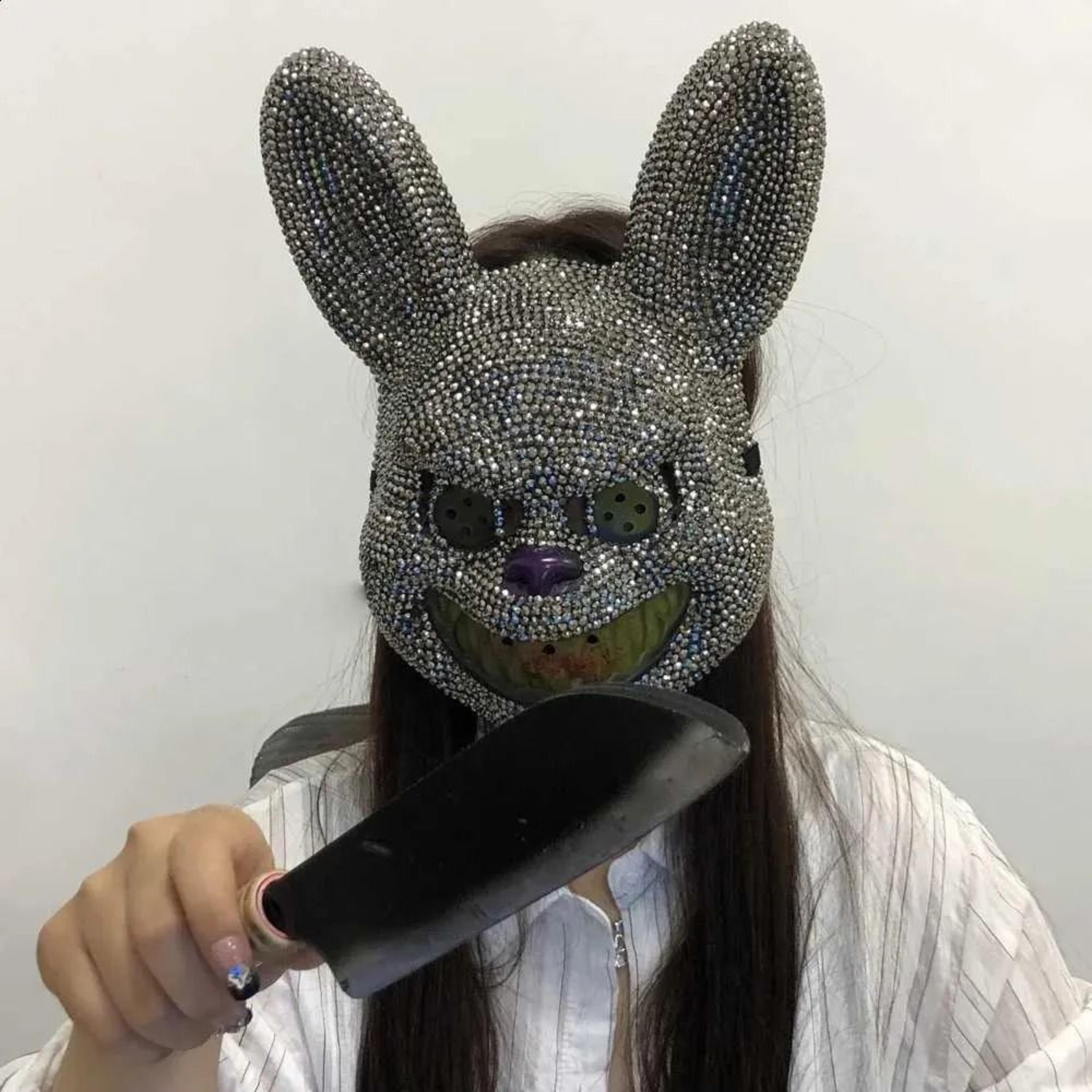 handmade rhinestone bunny mask with bloody skeleton design for halloween cosplay