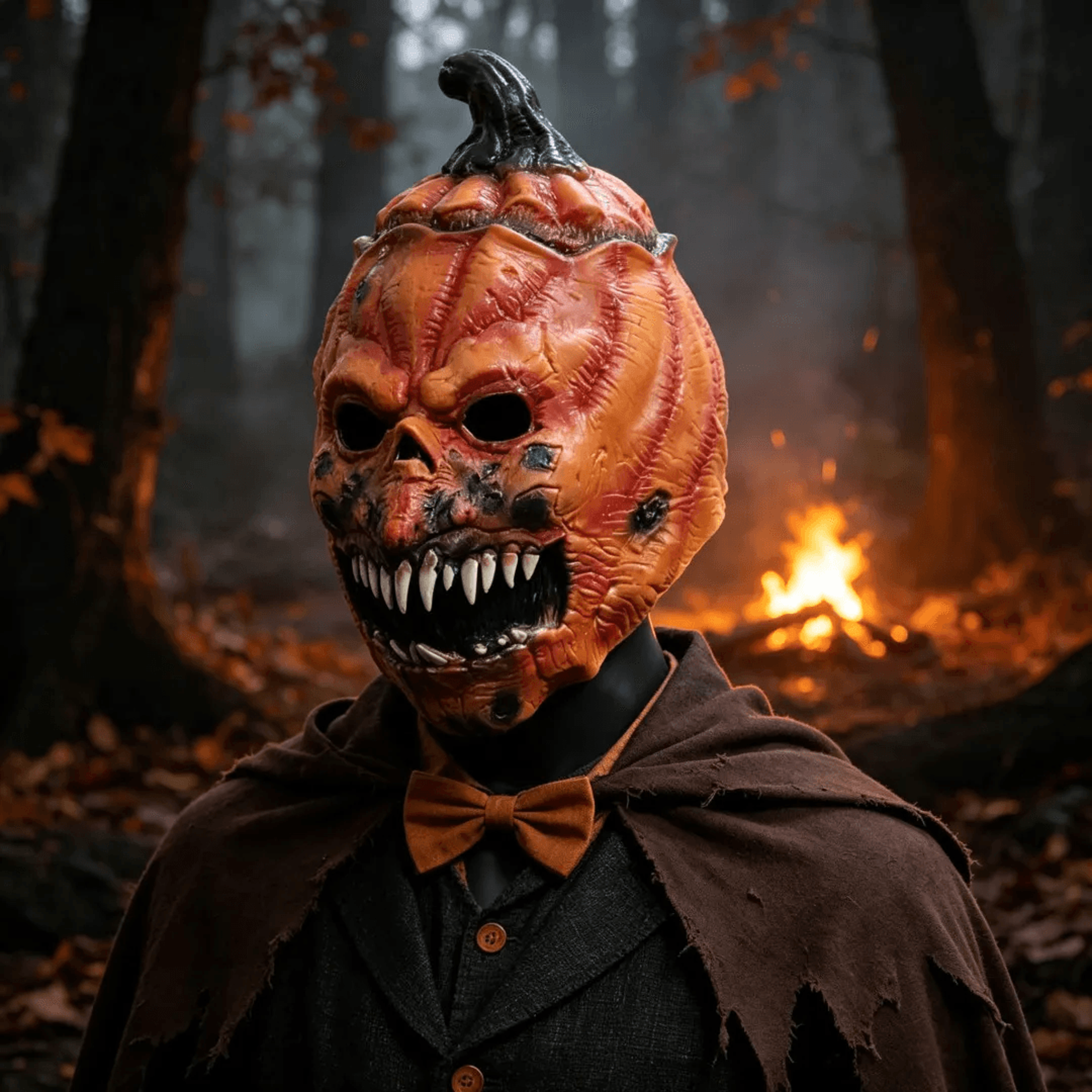 scary pumpkin monster mask with stem and sharp fangs for halloween costumes