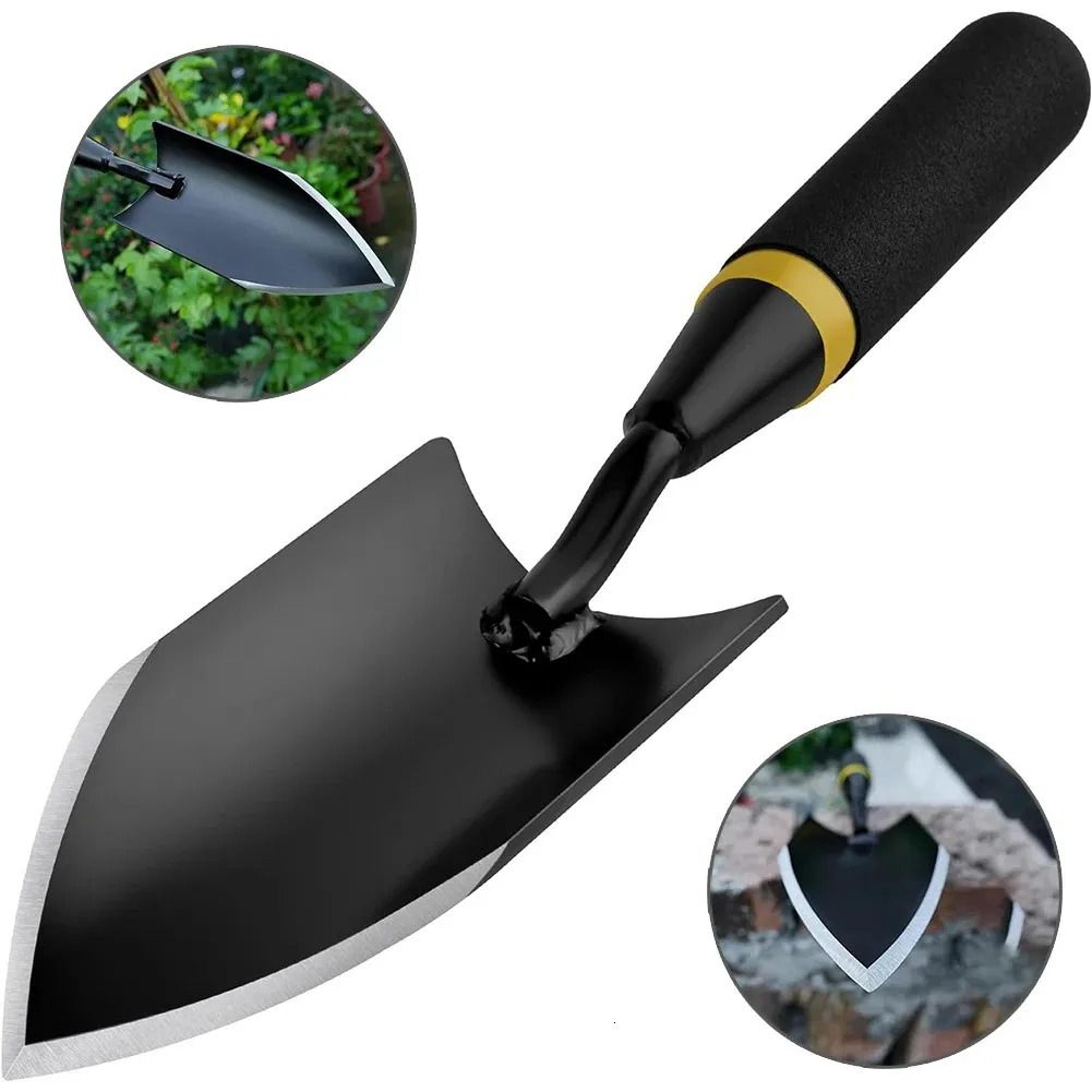 manganese steel garden trowel with curved blade and ergonomic rubber handle