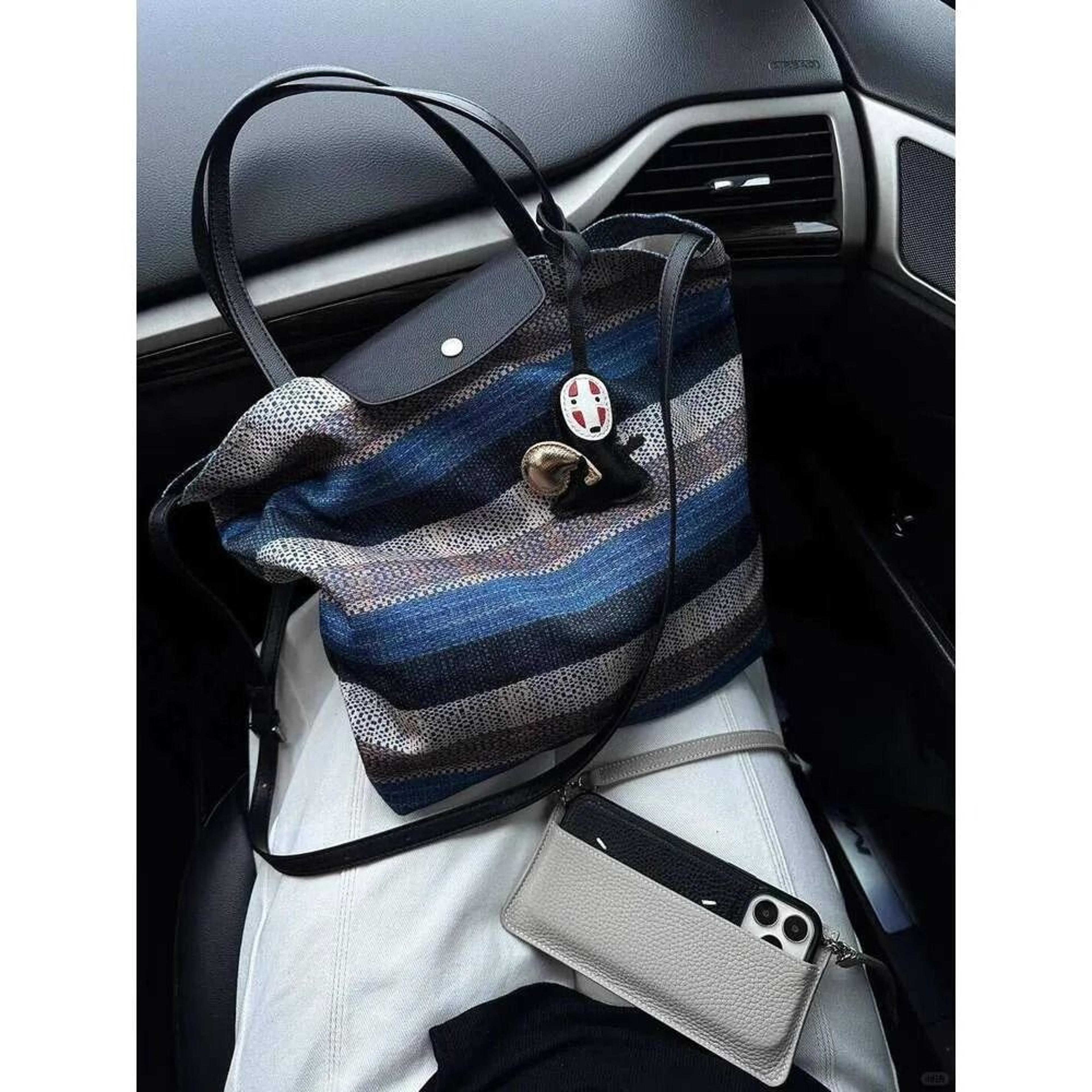women striped canvas tote bag with crossbody strap and large capacity