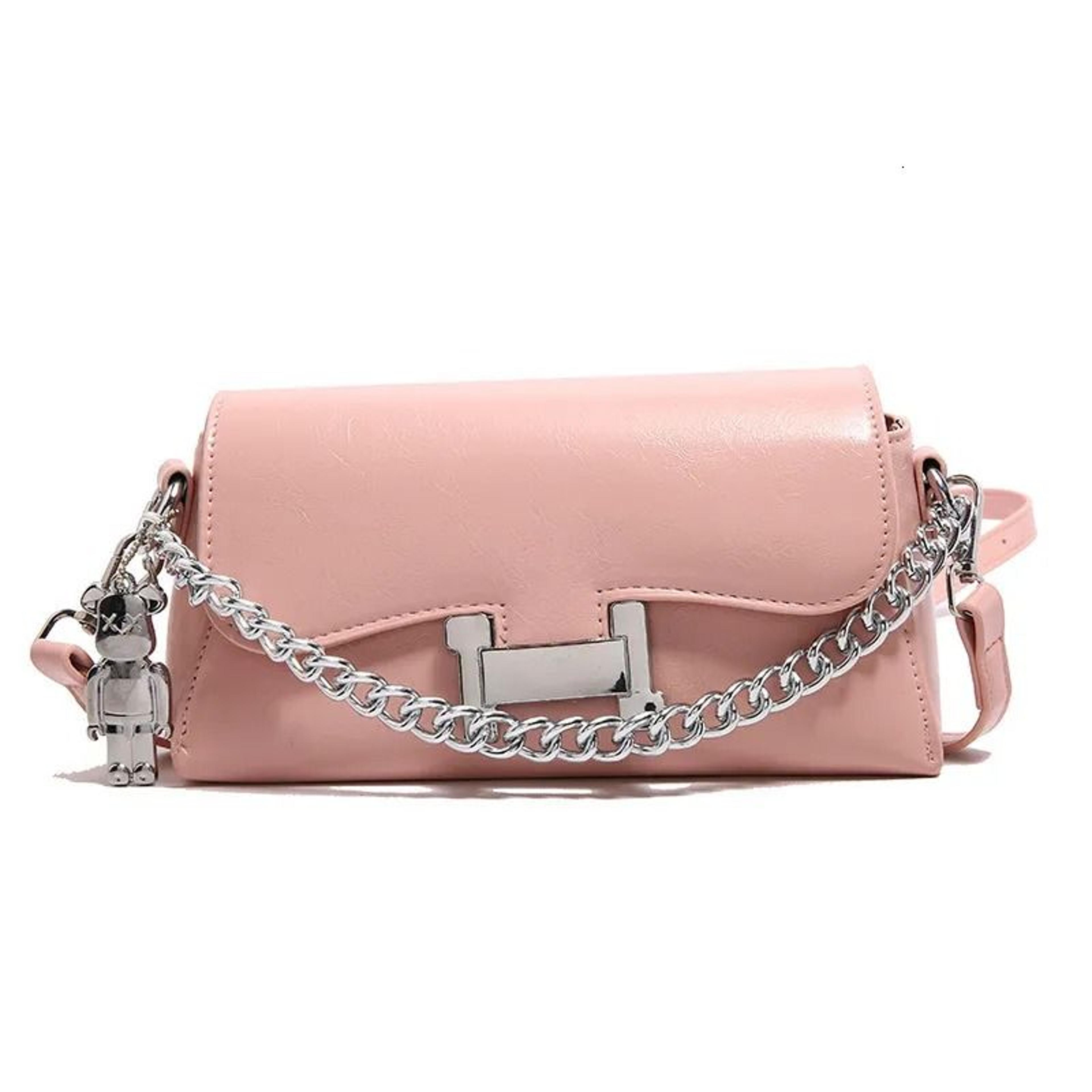 women genuine leather crossbody bag with chain strap and buckle closure