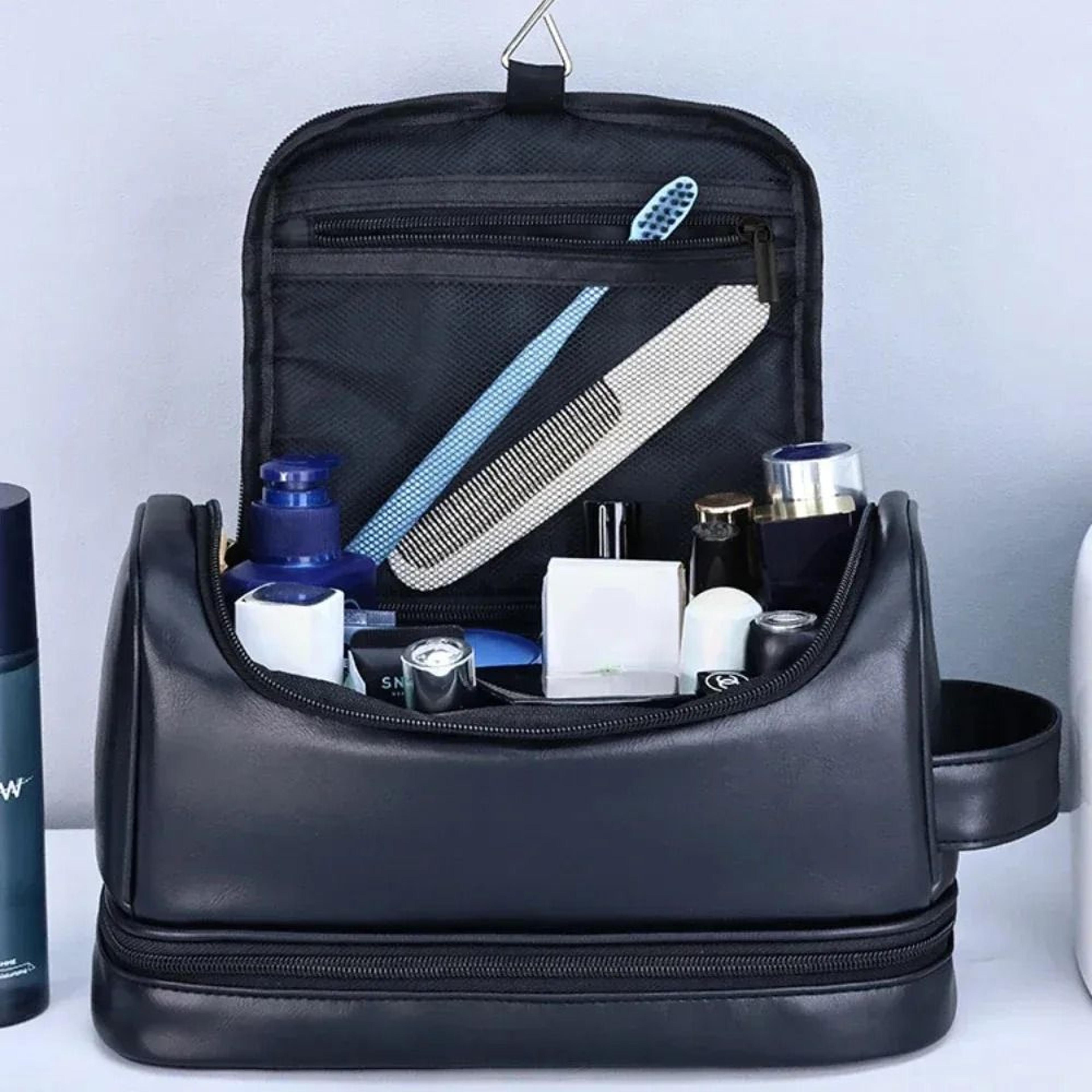 large leather hanging toiletry bag with hook for travel and bathroom storage