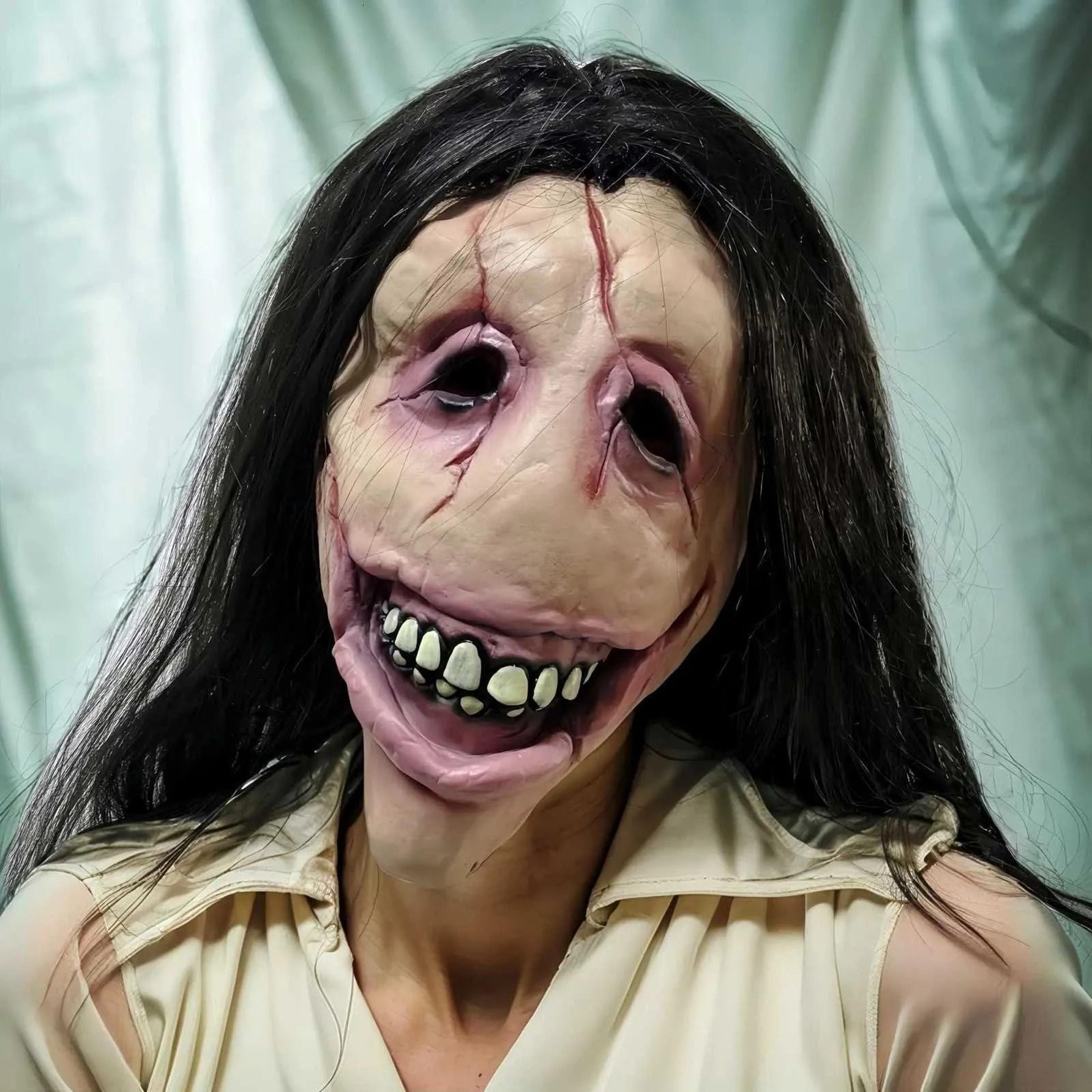 scary slit mouth woman latex mask with creepy hair for halloween costumes