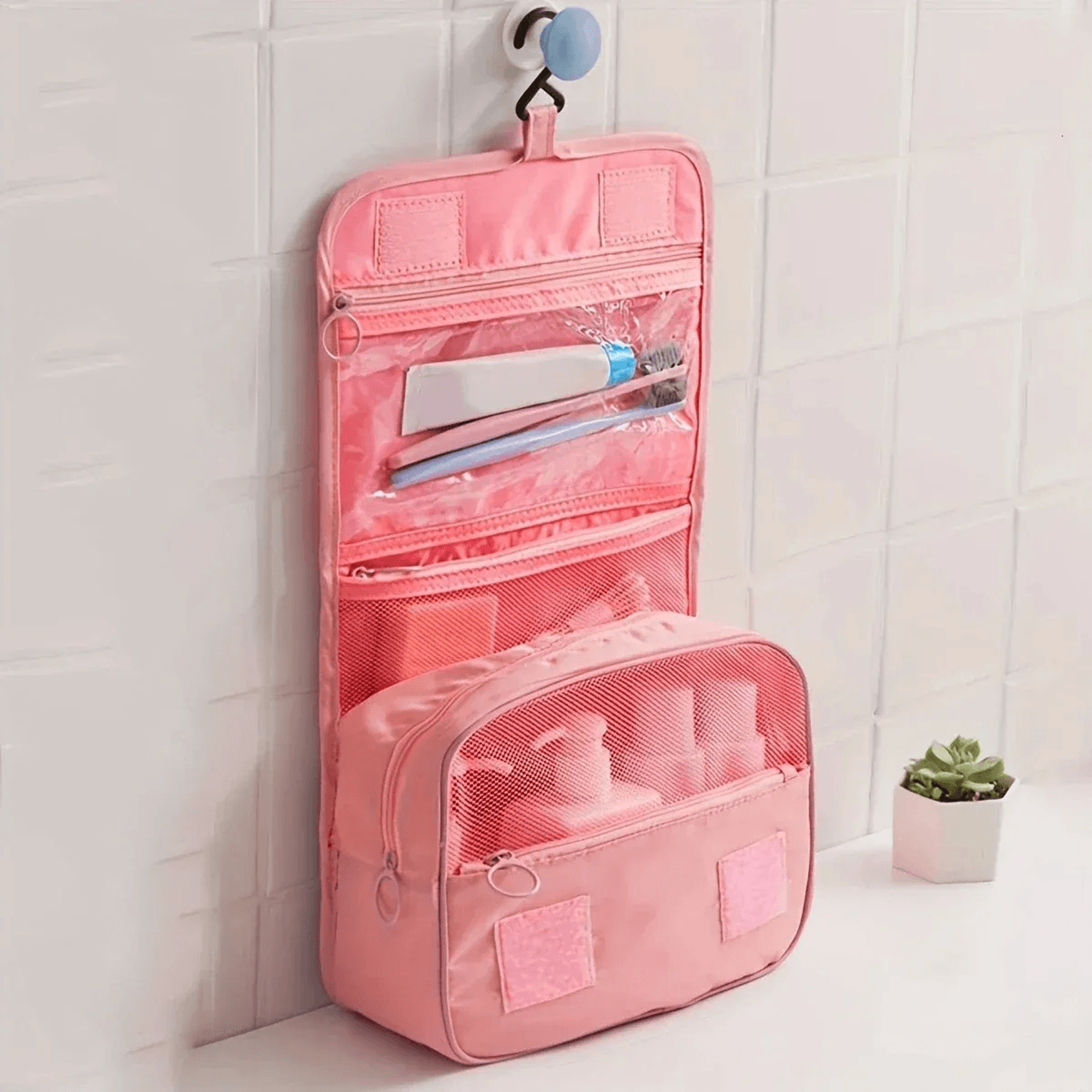 large capacity hanging travel makeup bag with wet and dry compartments