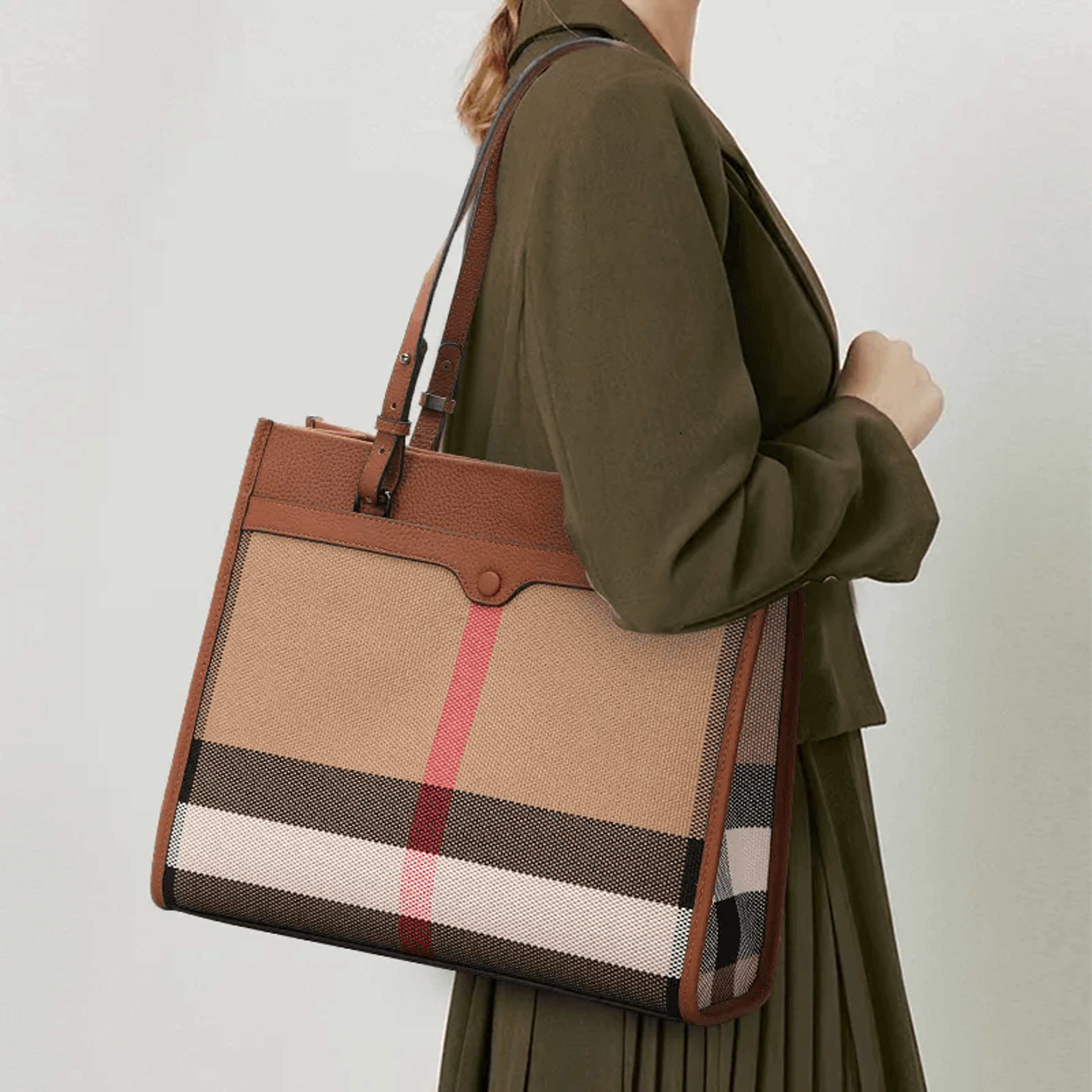 womens plaid canvas patchwork shoulder bag with genuine cowhide accents