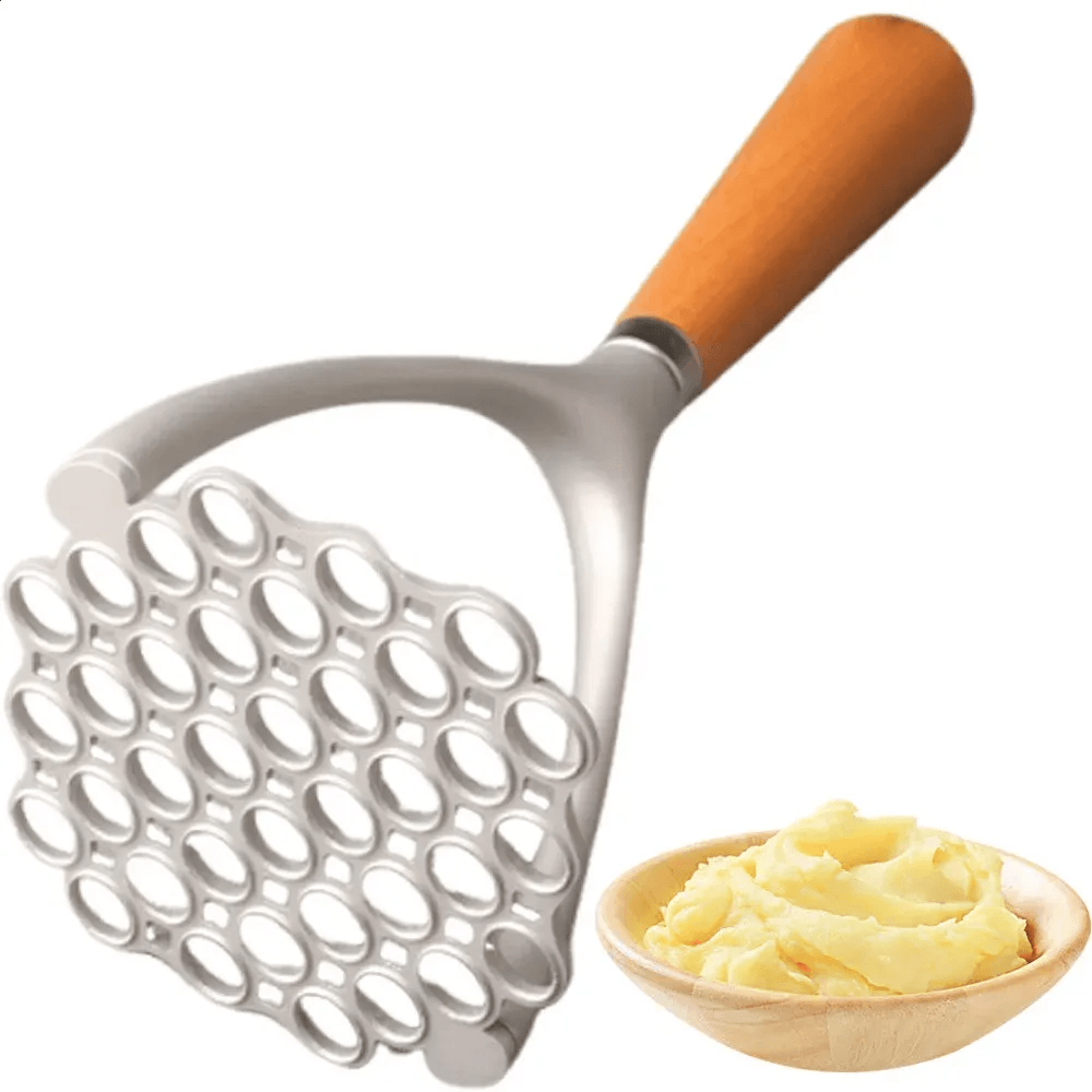 manual potato masher with wooden handle and aluminum mashing head