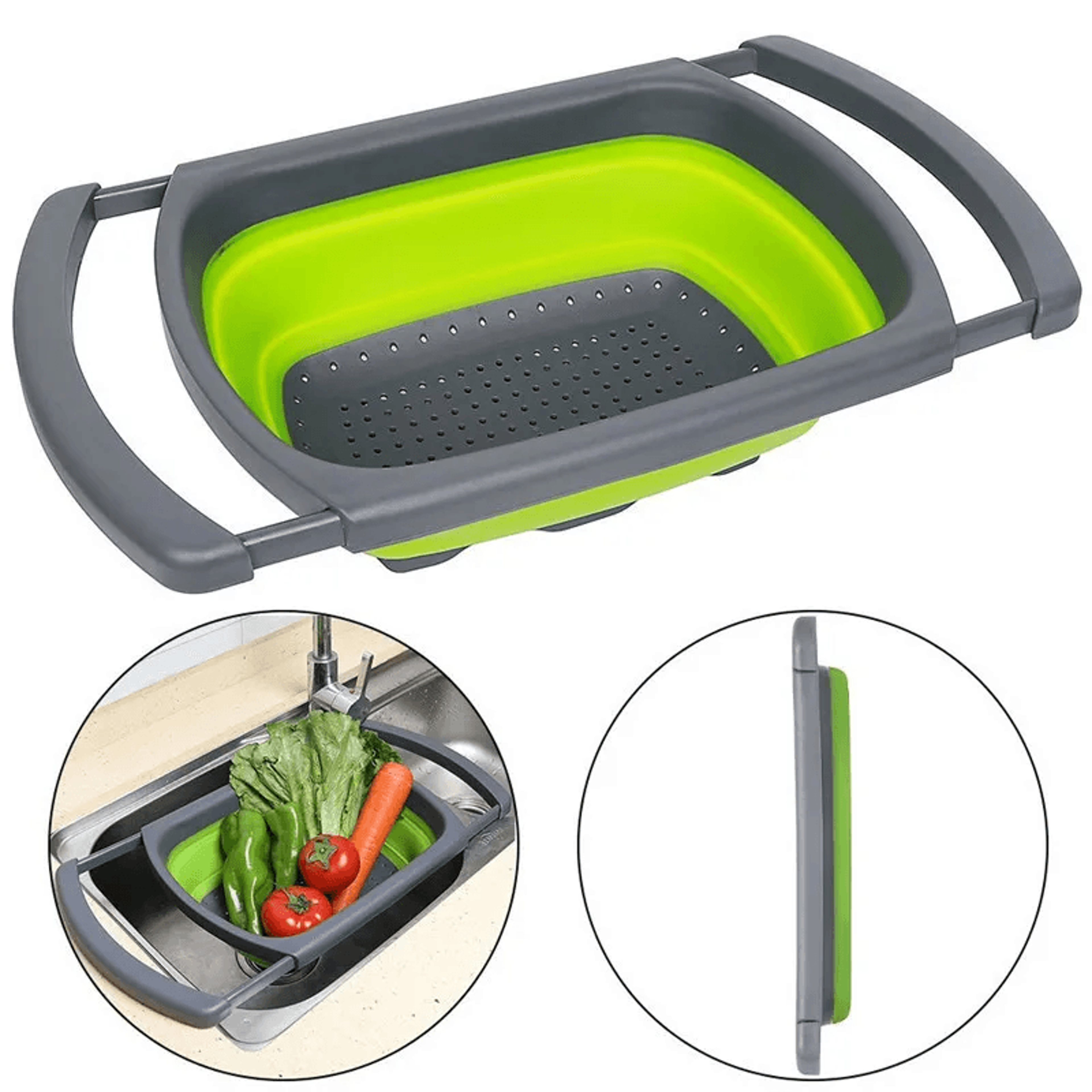 collapsible silicone colander with retractable handle for kitchen food washing