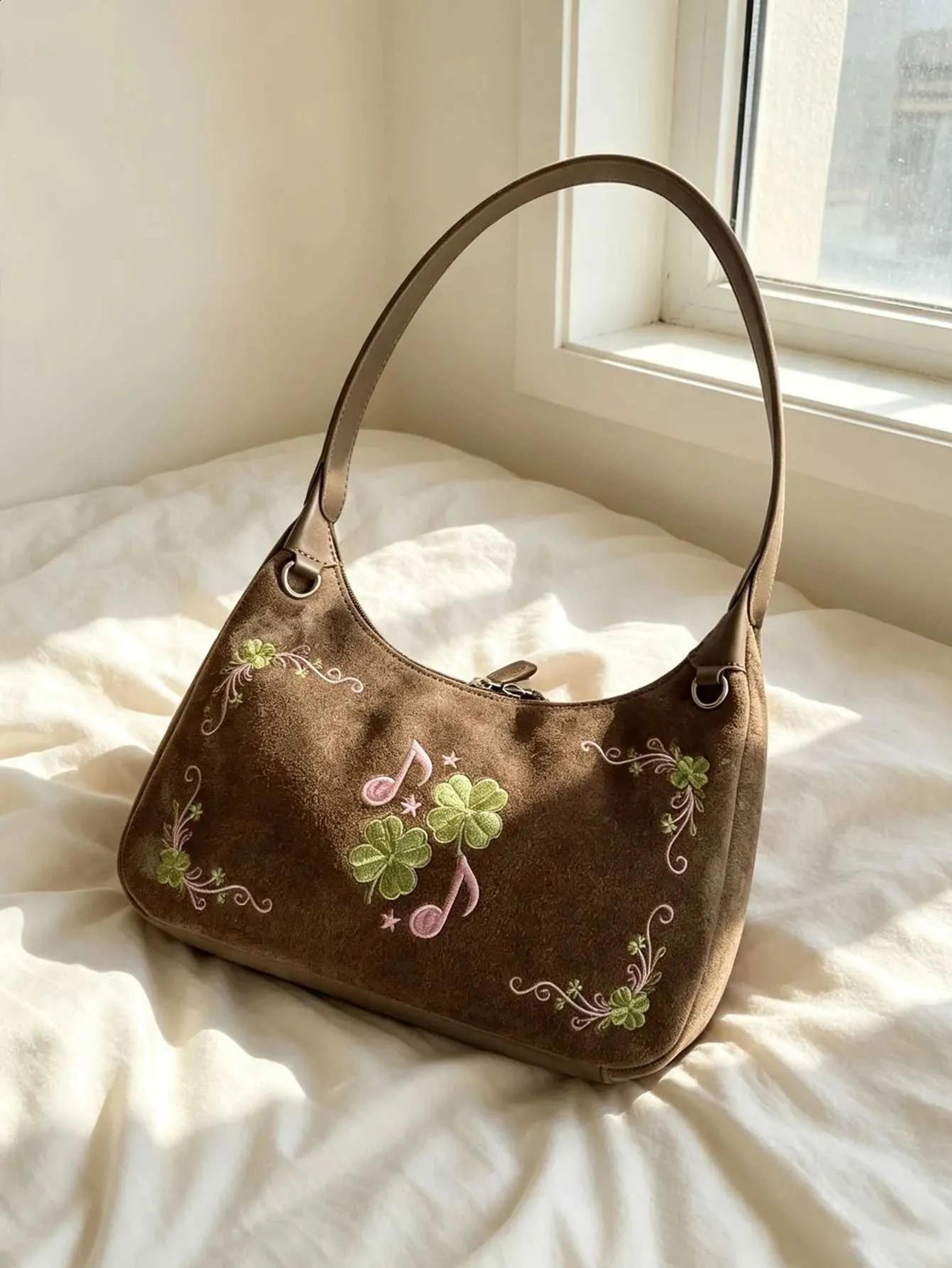 vintage floral embroidered suede shoulder bag for women