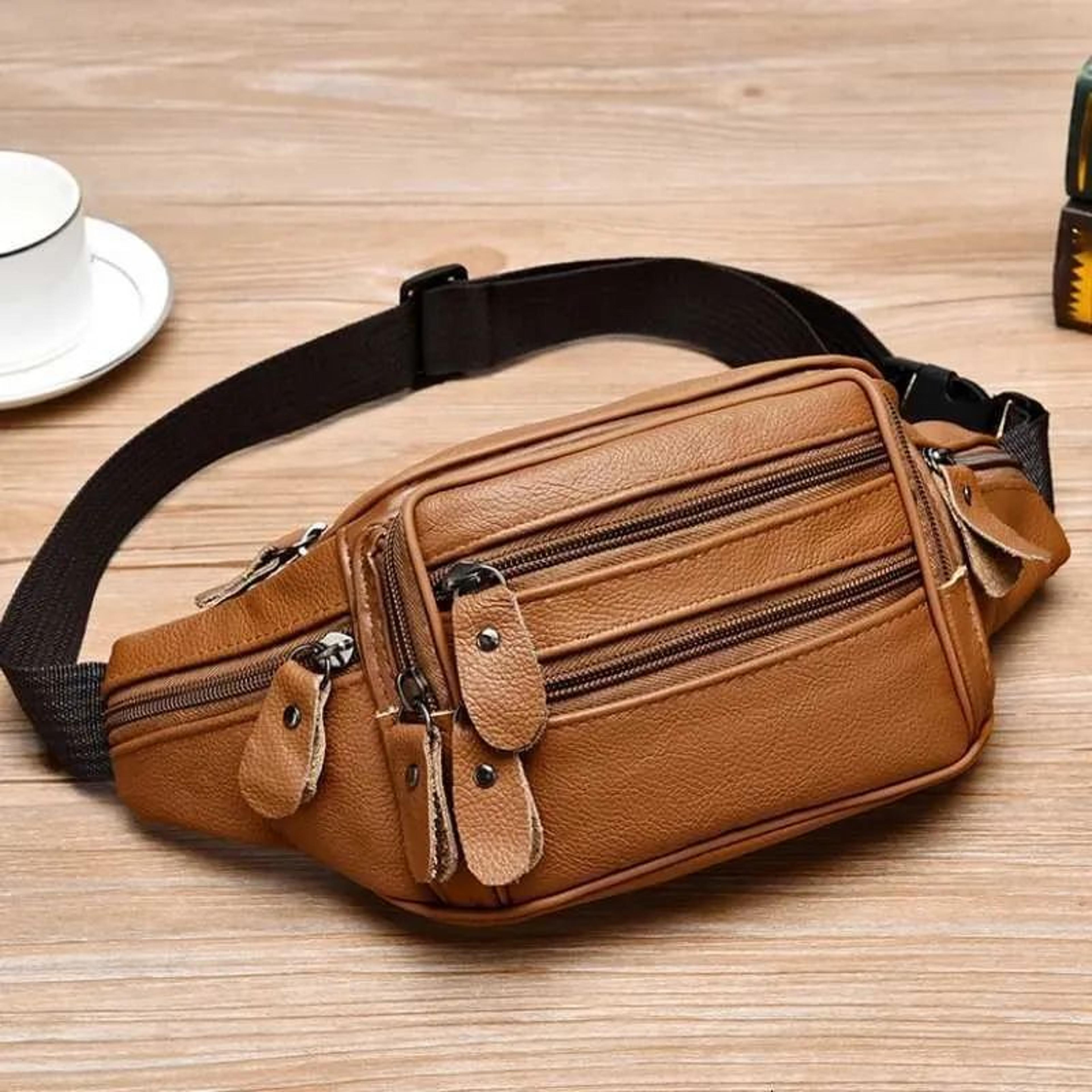 mens waterproof pu leather waist bag with large capacity and zipper closure