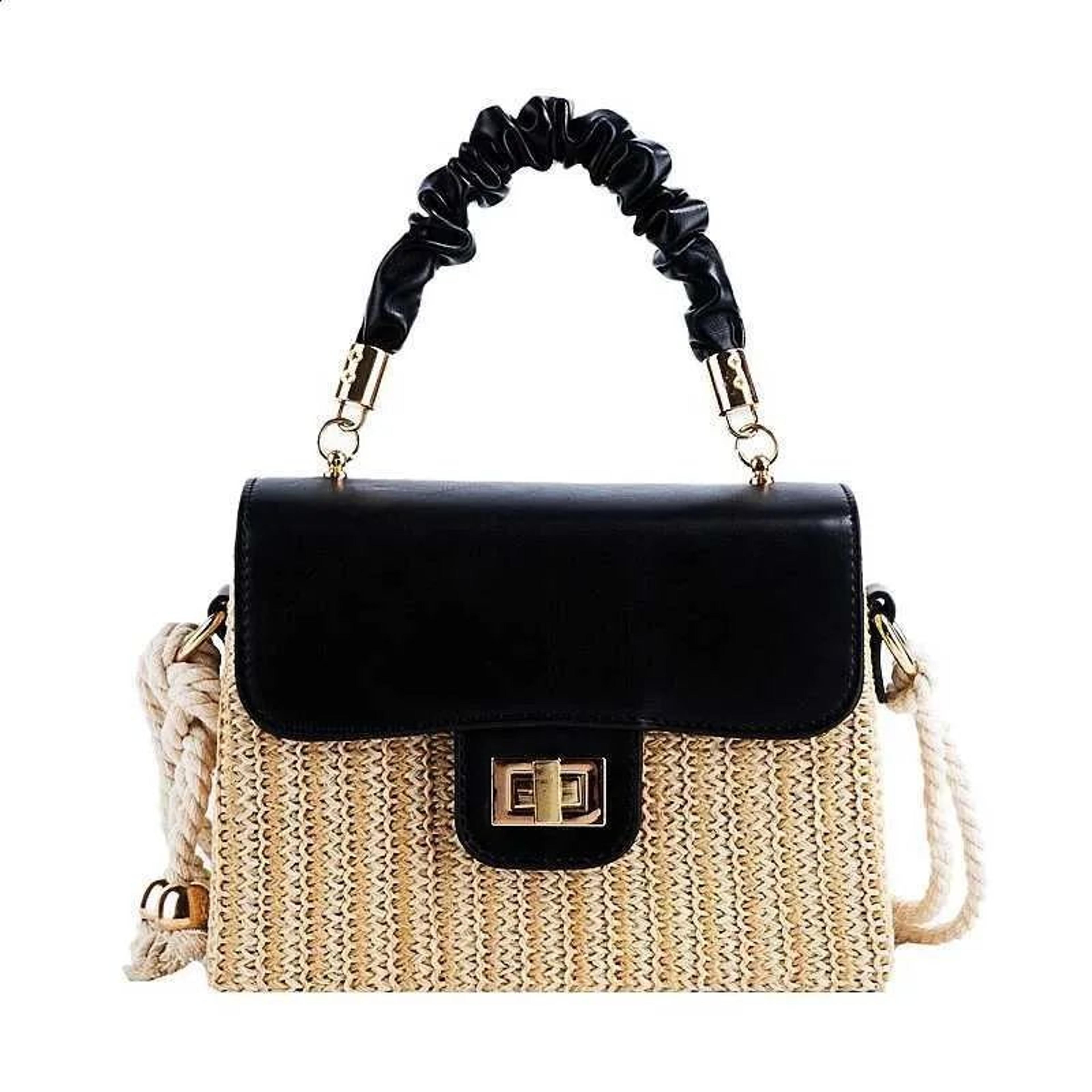 straw beach bag for women with pleated handles and contrast color design