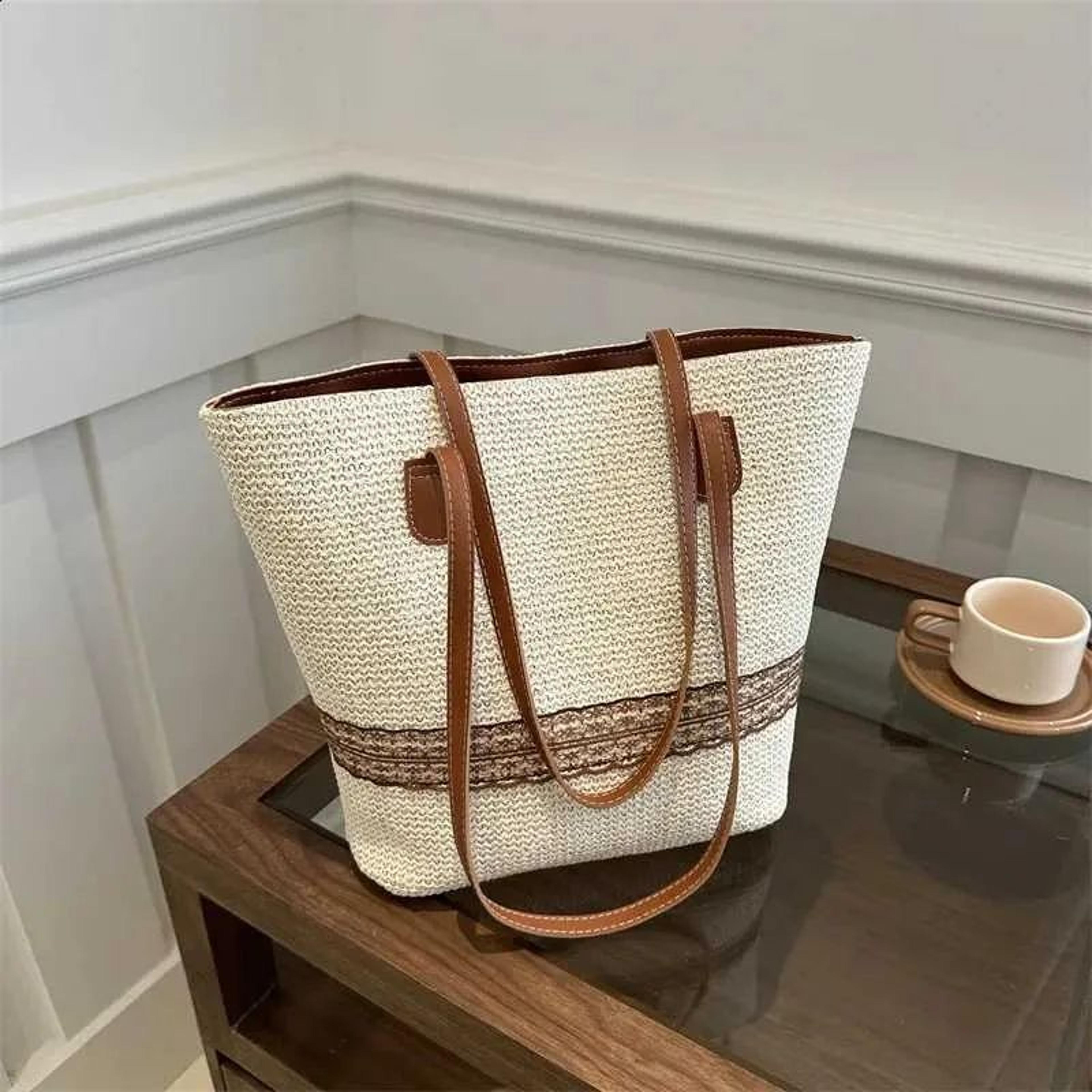 large capacity straw woven beach tote bag for women