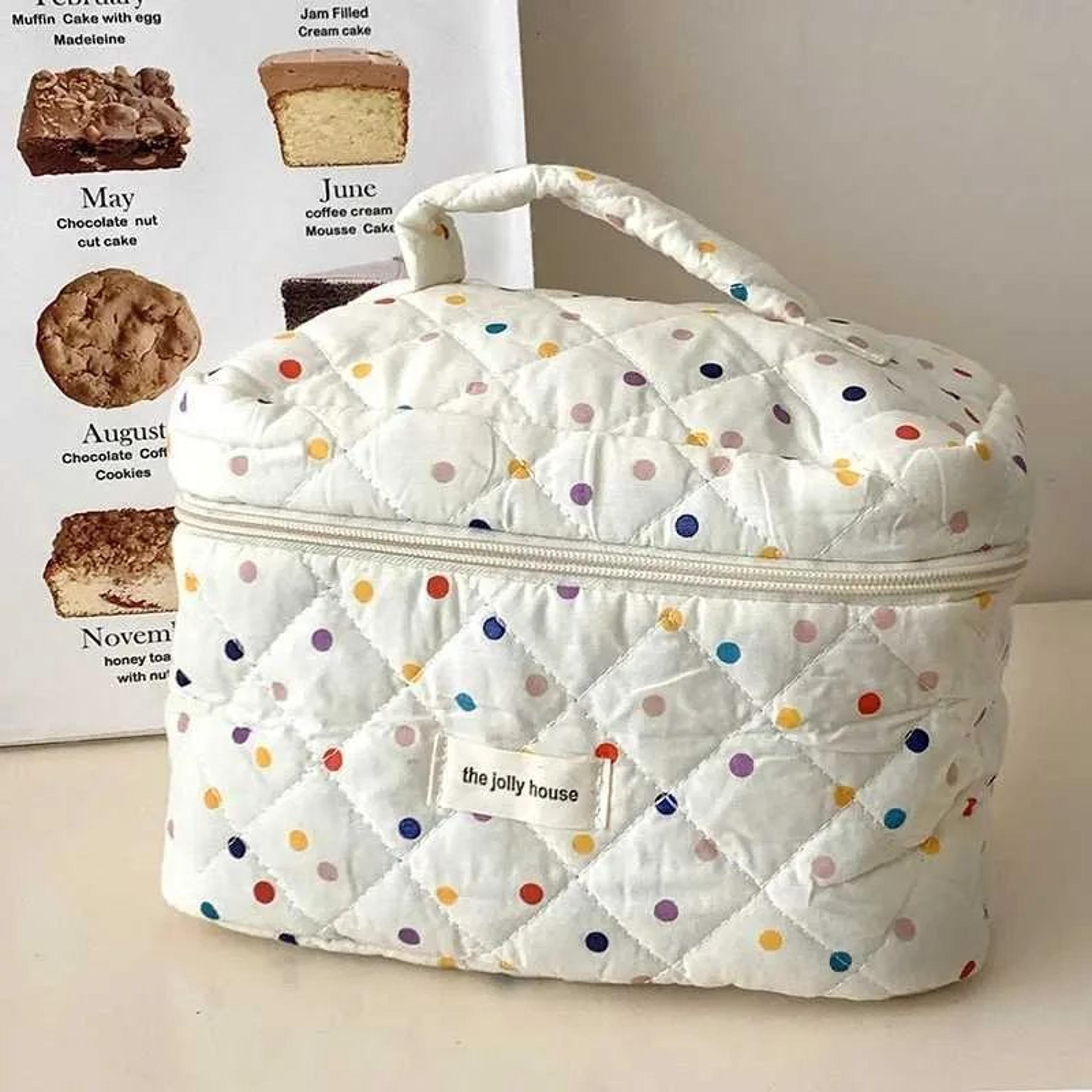 quilted cotton cosmetic bag with colorful dots for makeup and travel storage