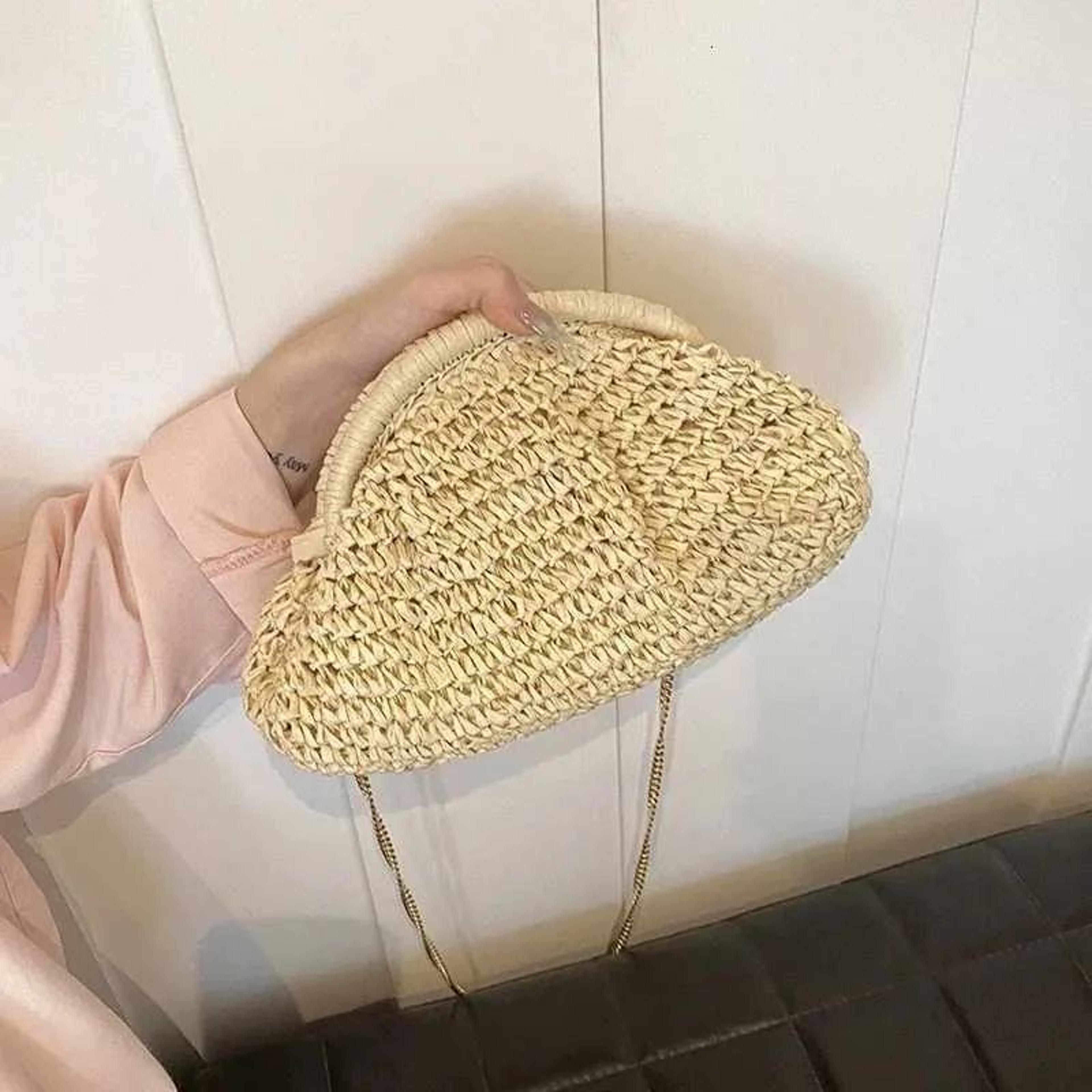 womens woven straw crossbody bag with shell shape for summer