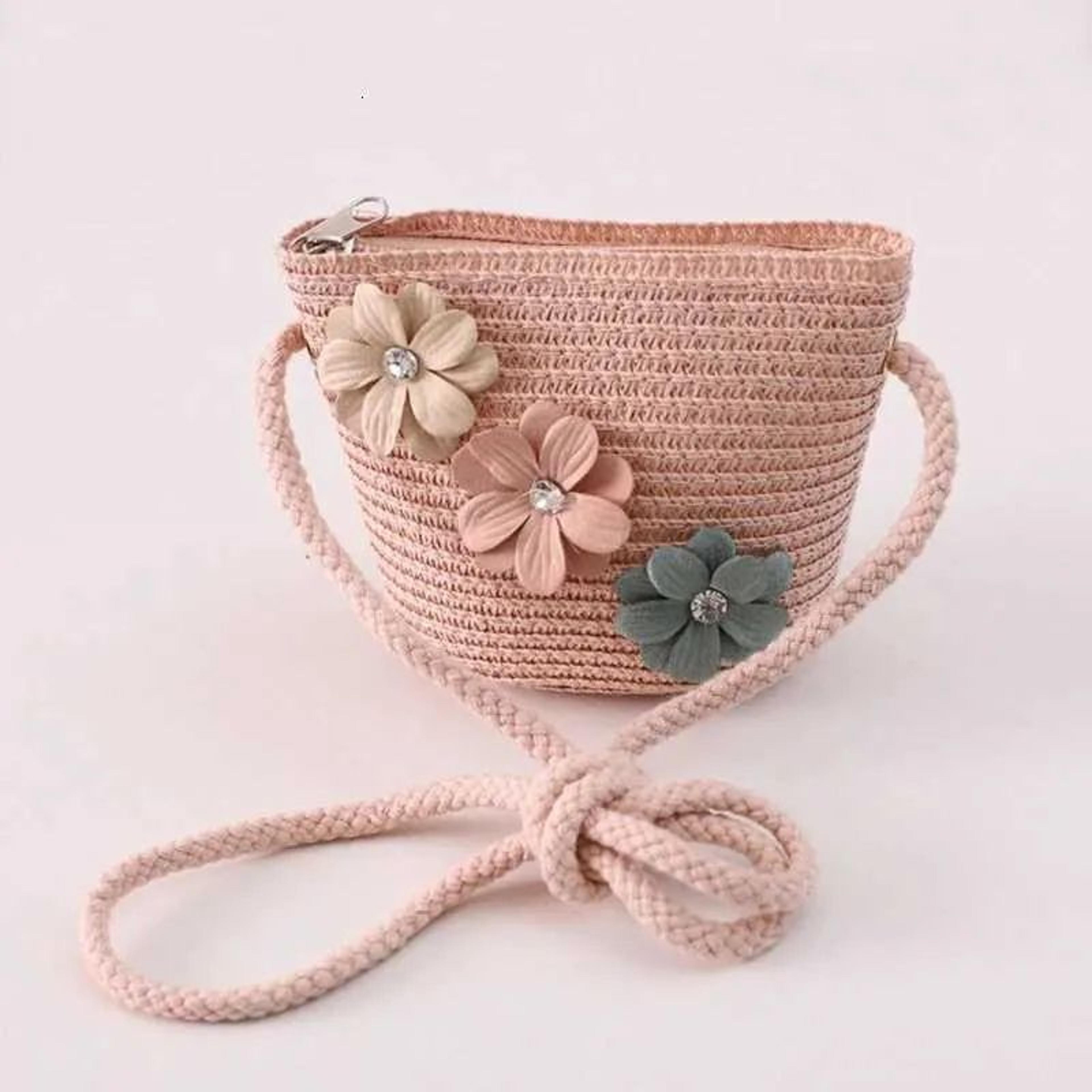 kids straw woven crossbody bucket bag with floral design for beach and summer outings