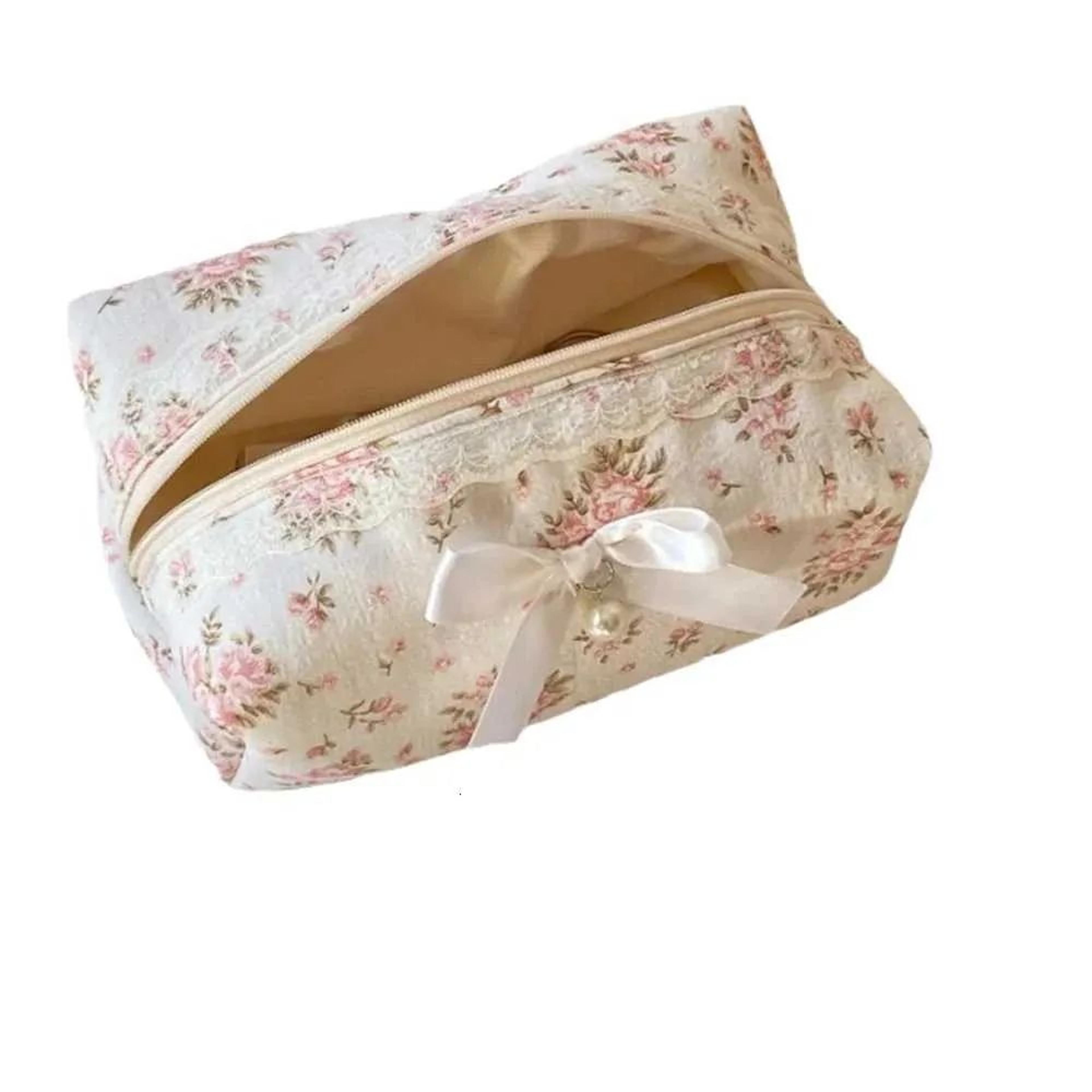 women's lace bow floral makeup bag with ruffled design and zipper closure