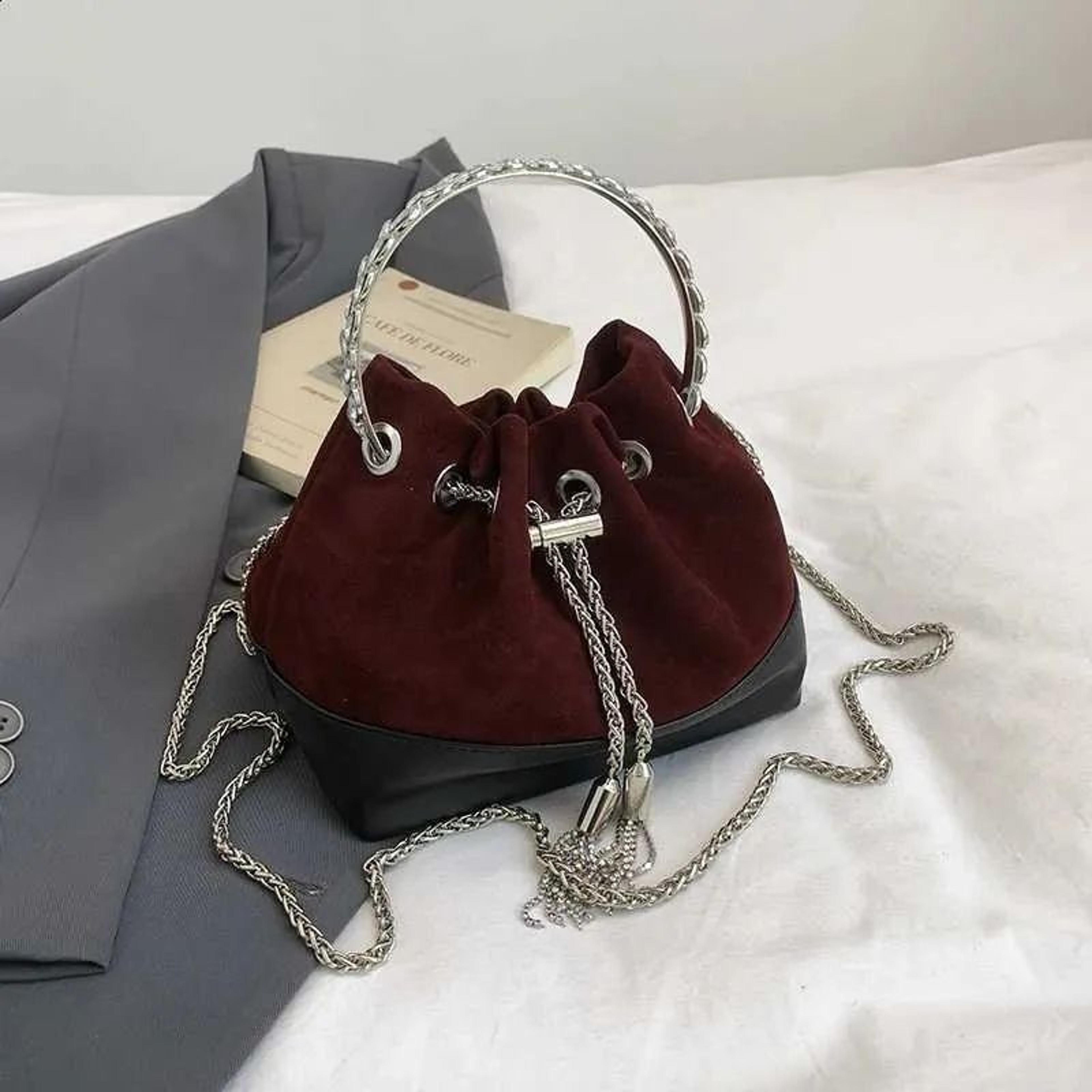 vintage suede leather bucket bag with chain shoulder strap for women