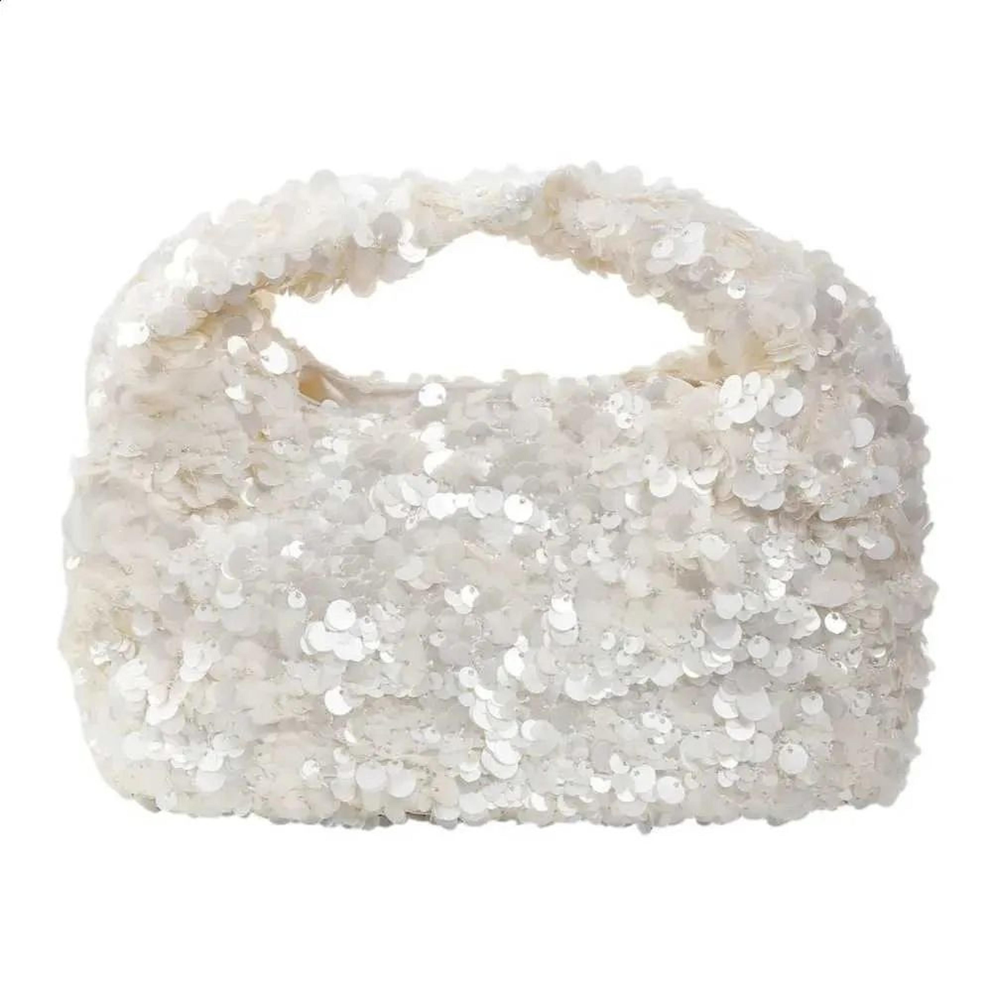 white sequin hobo handbag small shiny bucket clutch for weddings and parties