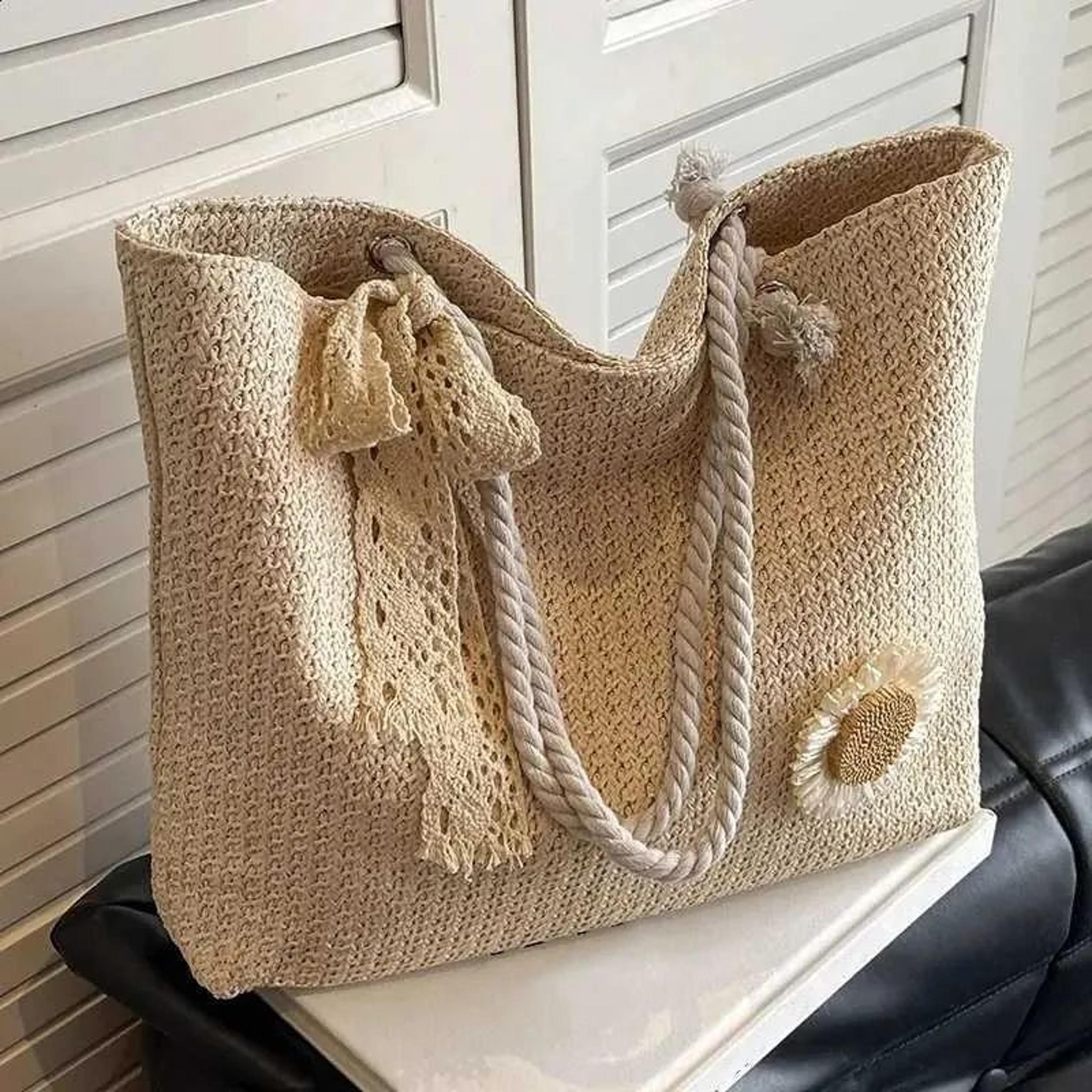 women's straw woven tote bag with retro top handle for beach and casual outings