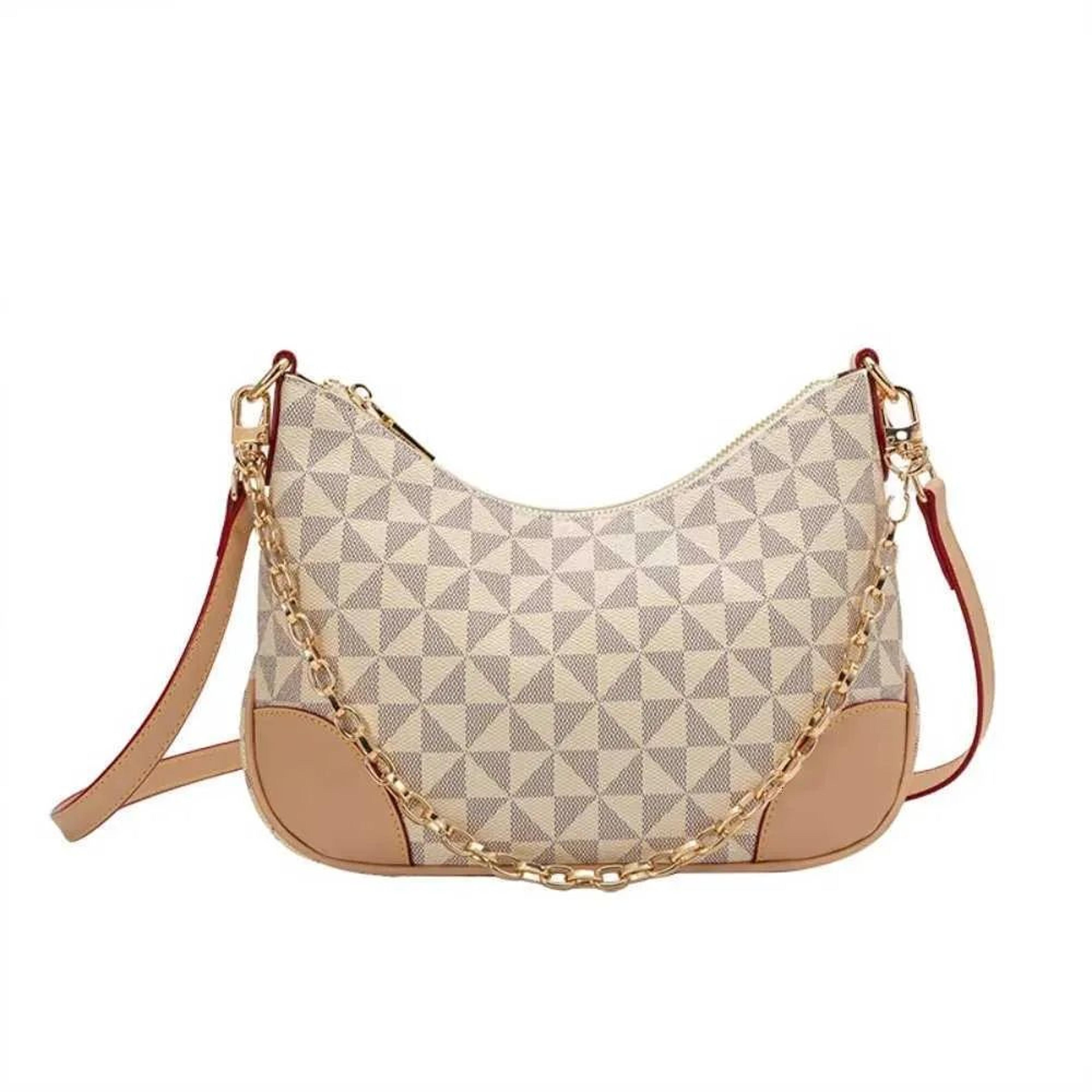 womens crescent shoulder bag with printed fabric and chain crossbody strap