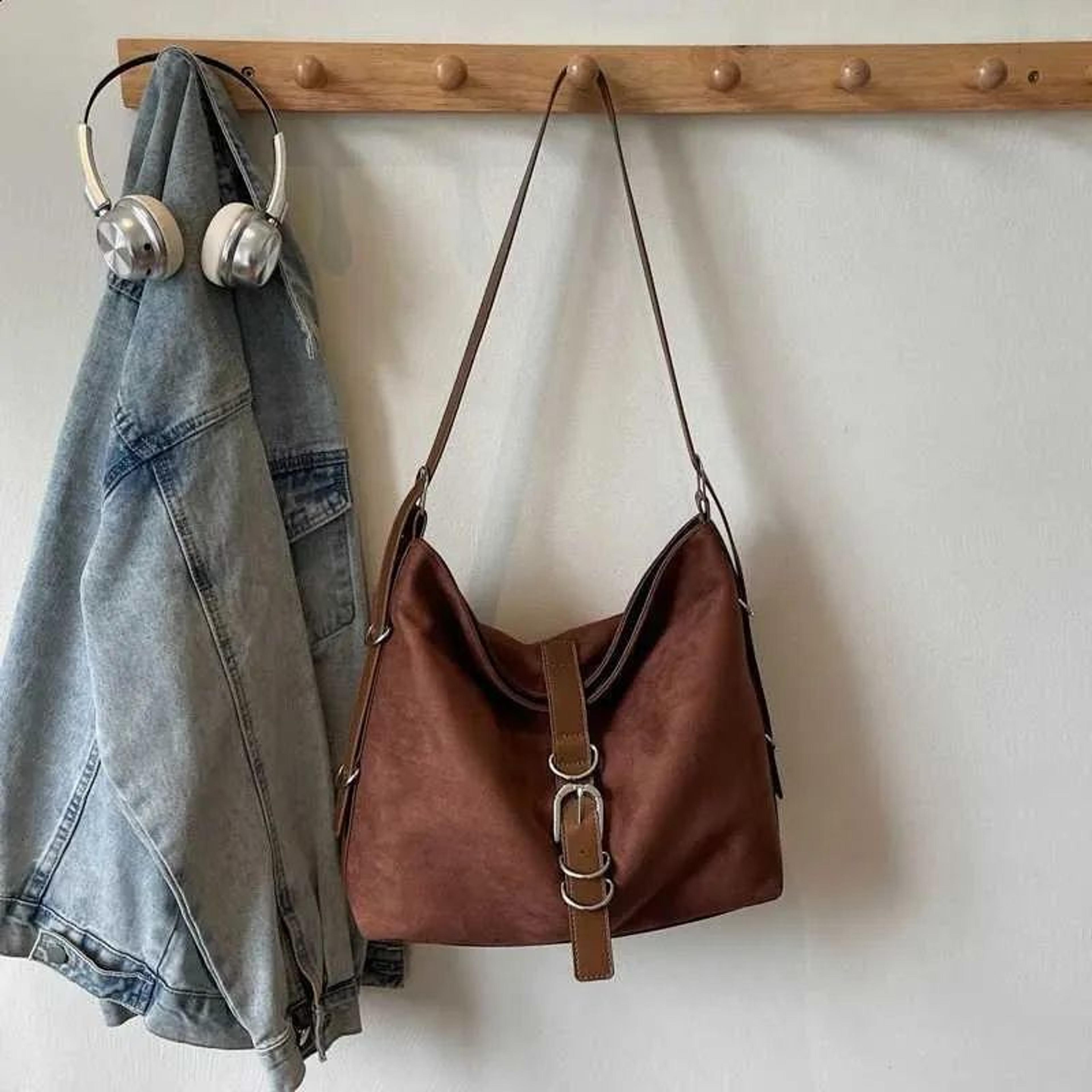 large khaki suede leather bucket shoulder bag for women