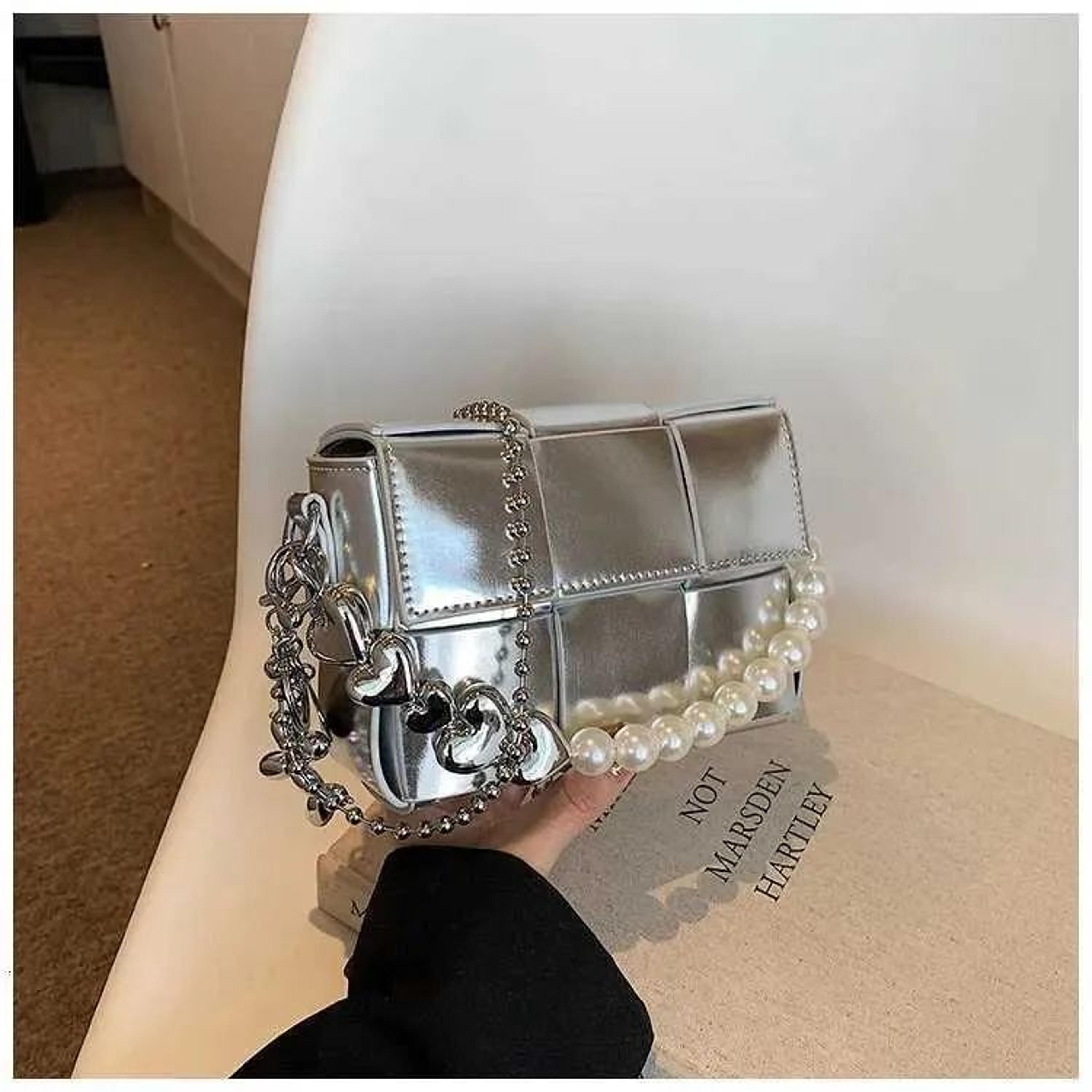 womens metallic silver mini crossbody bag with chain strap