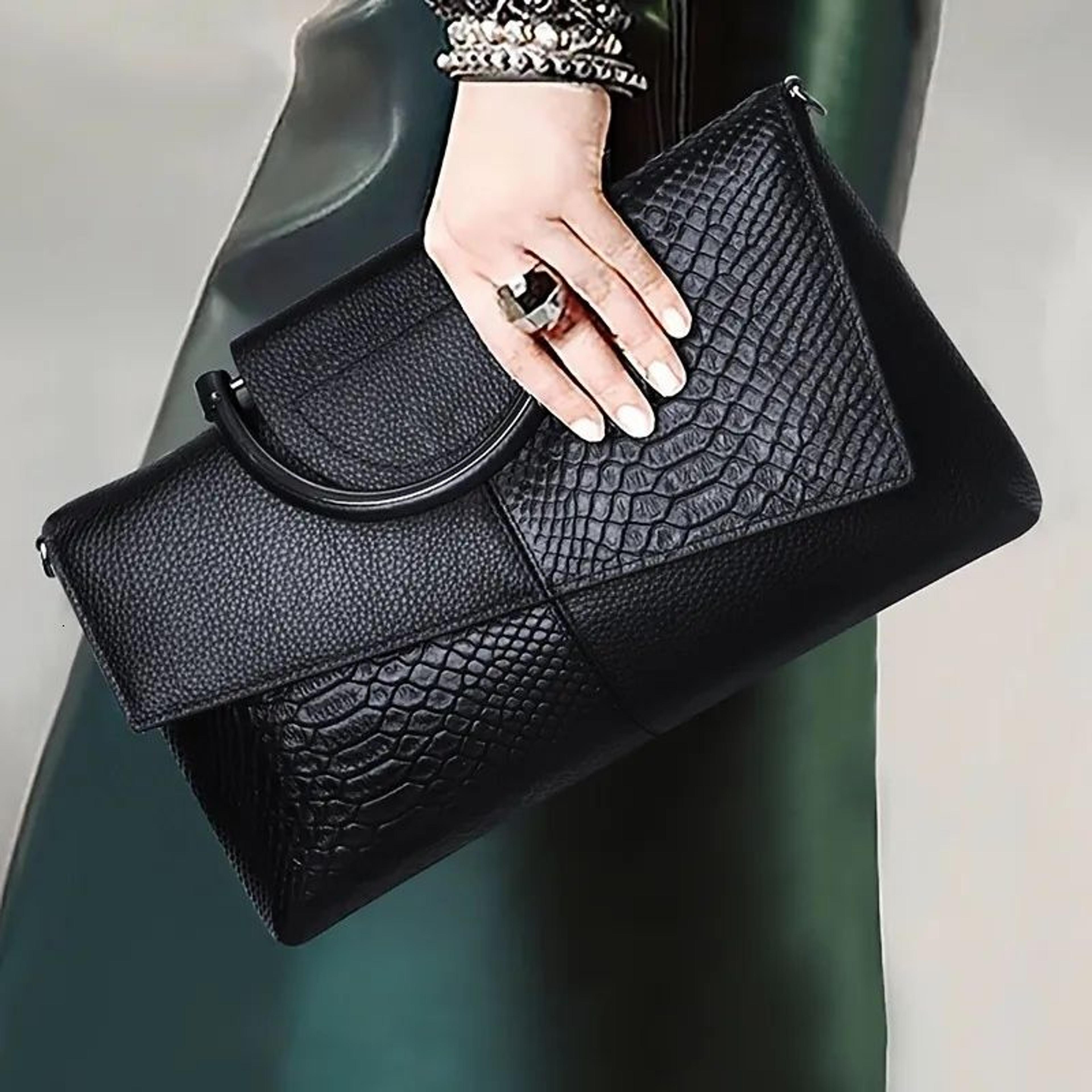 croc embossed leather clutch bag with handle for women