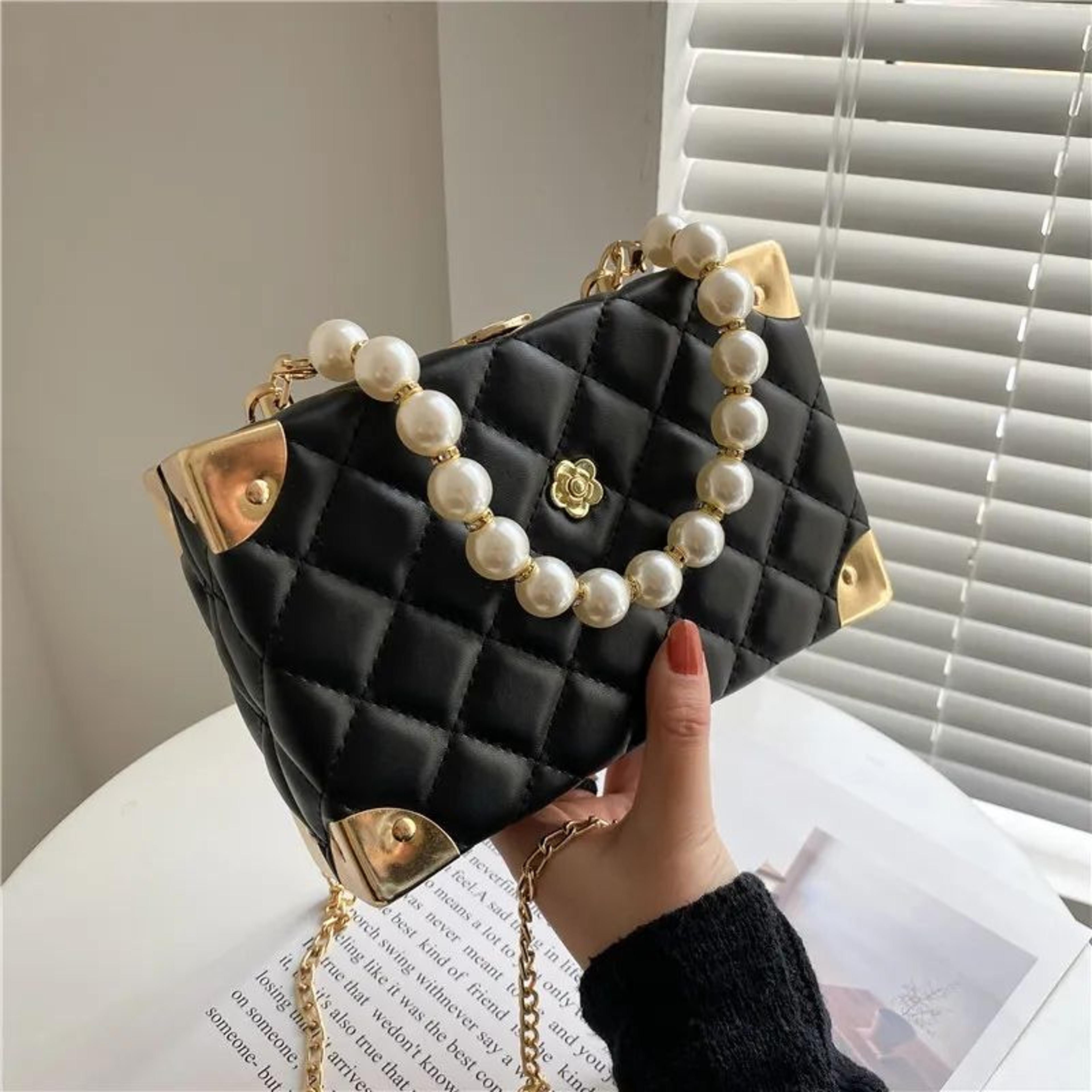pearl chain crossbody bag with embroidered top handle