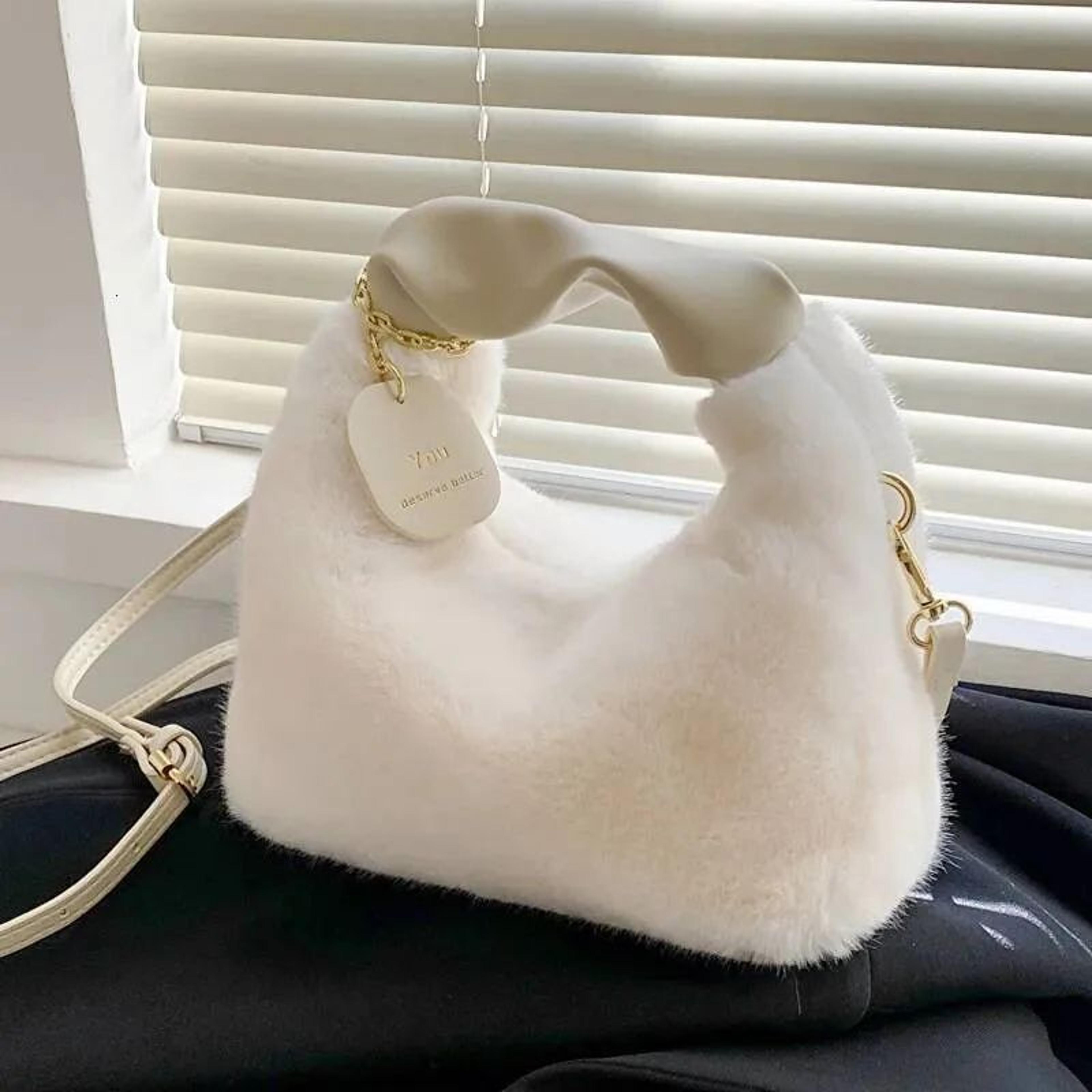 faux fur plush half-moon shoulder bag with ruched handle for women