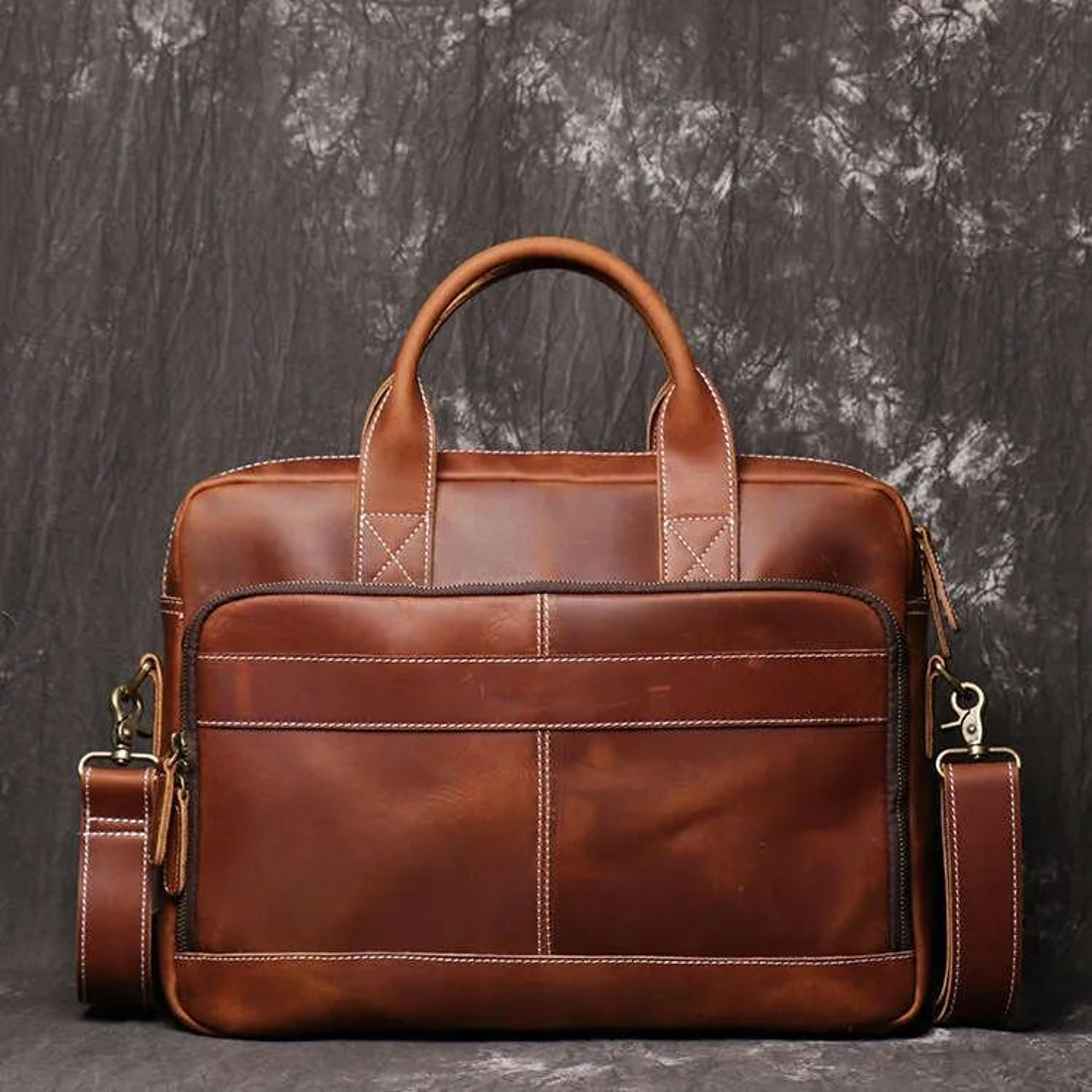 genuine crazy horse leather laptop briefcase with crossbody shoulder strap