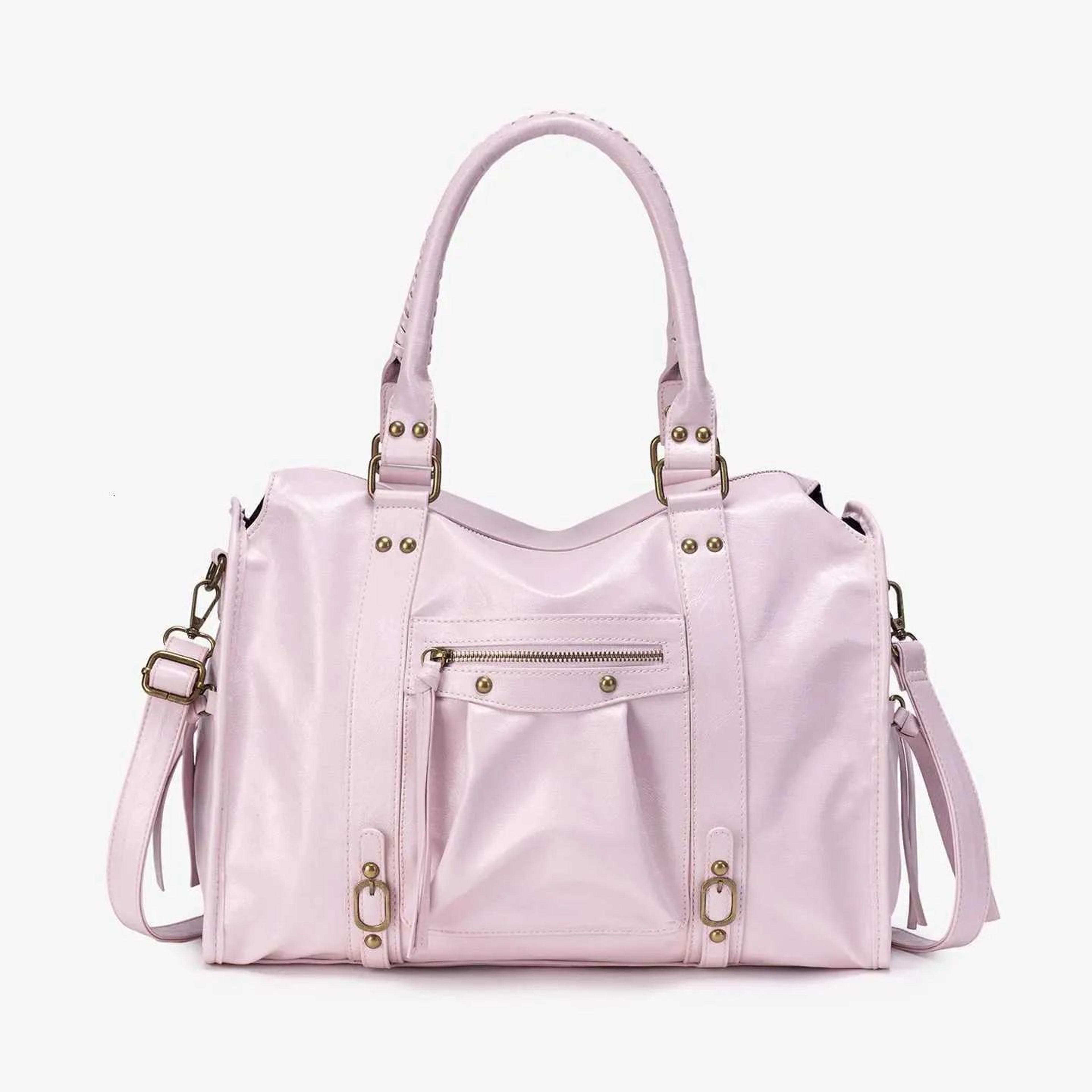 retro pink washed faux leather tote shoulder bag for women