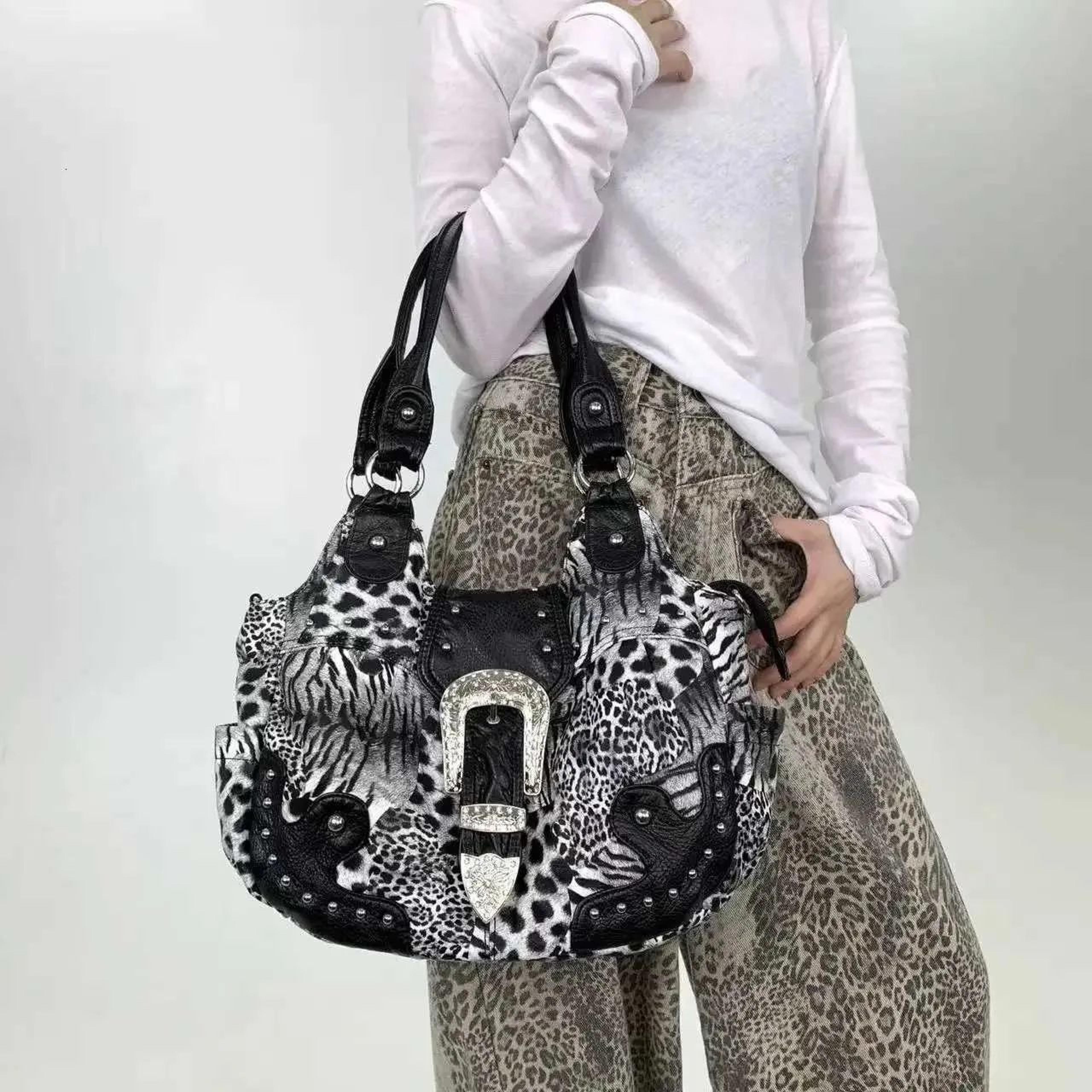 leopard print patchwork tote bag with multiple pockets and rivet details